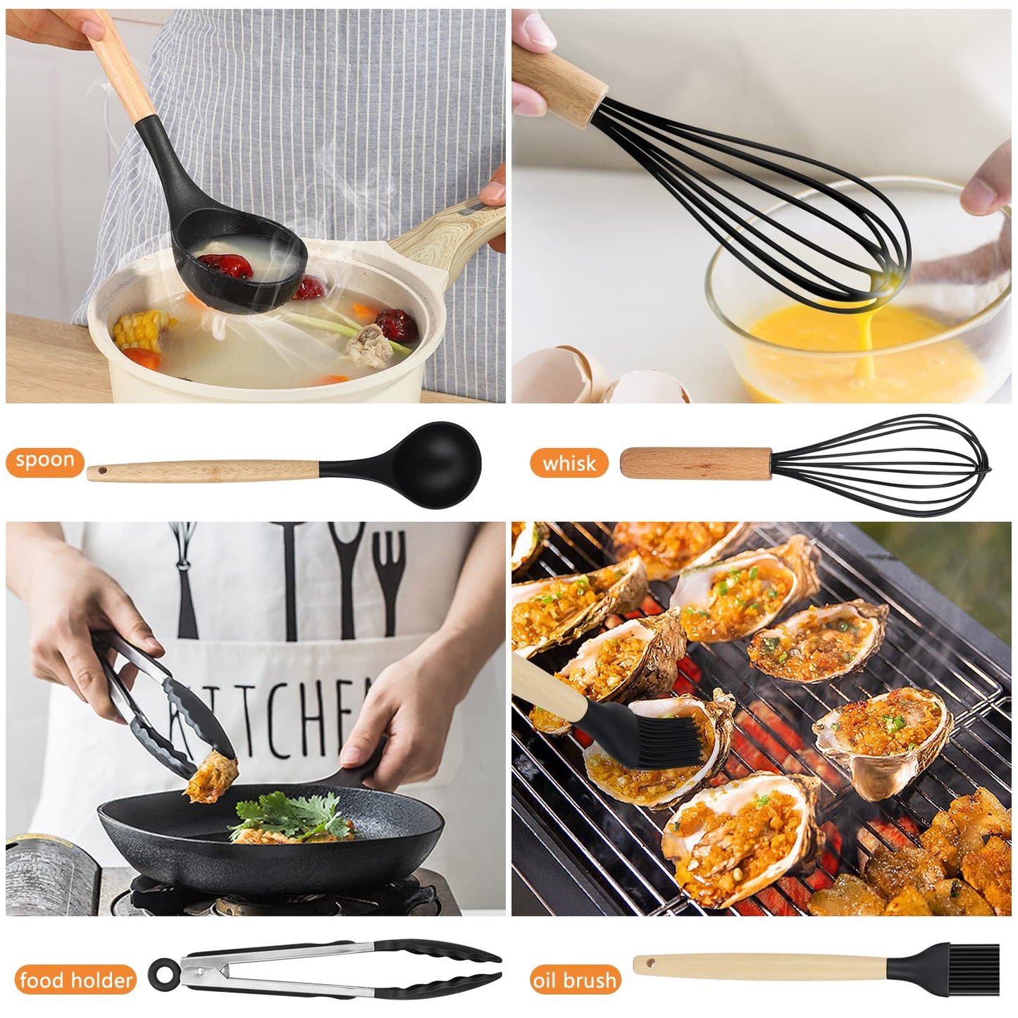 - Kitchen Utensil Set | Hicoosee 22 Pieces Silicone Cooking Utensils Set | Natural Wooden Handles Cooking Tool -