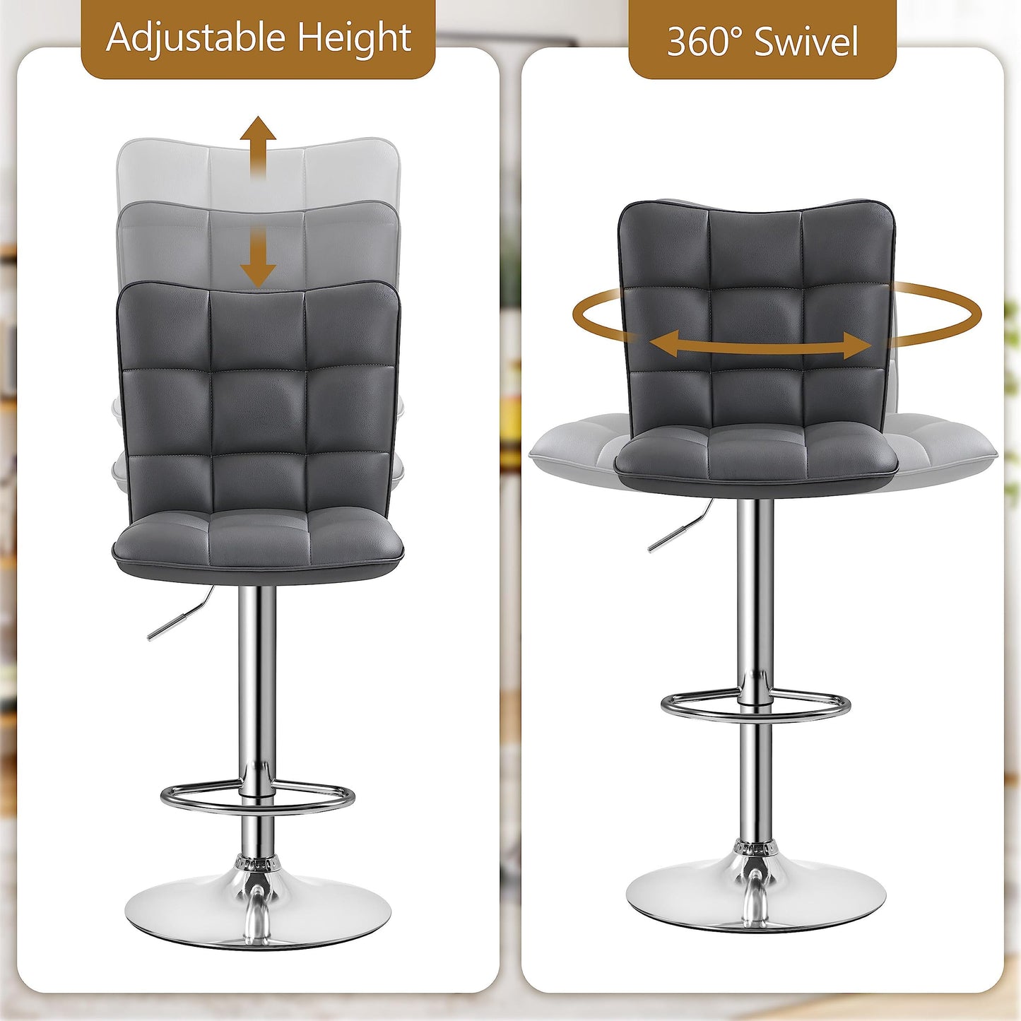 - Yaheetech Modern Bar Stools Set of 2 PU Leather Height Adjustable Swivel Bar Chair.