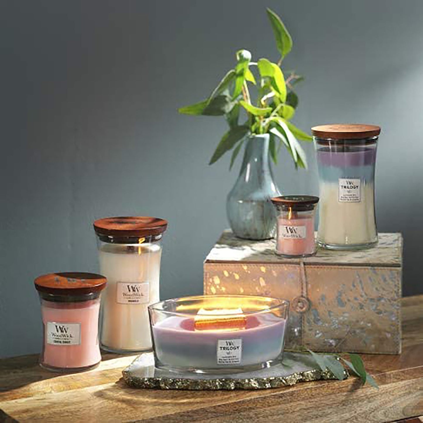 - Woodwick Medium Hourglass Trilogy Scented Candle