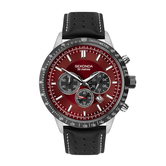 - Sekonda Men's Chronograph Watch | Red Dial | Black Leather Strap 1938 -