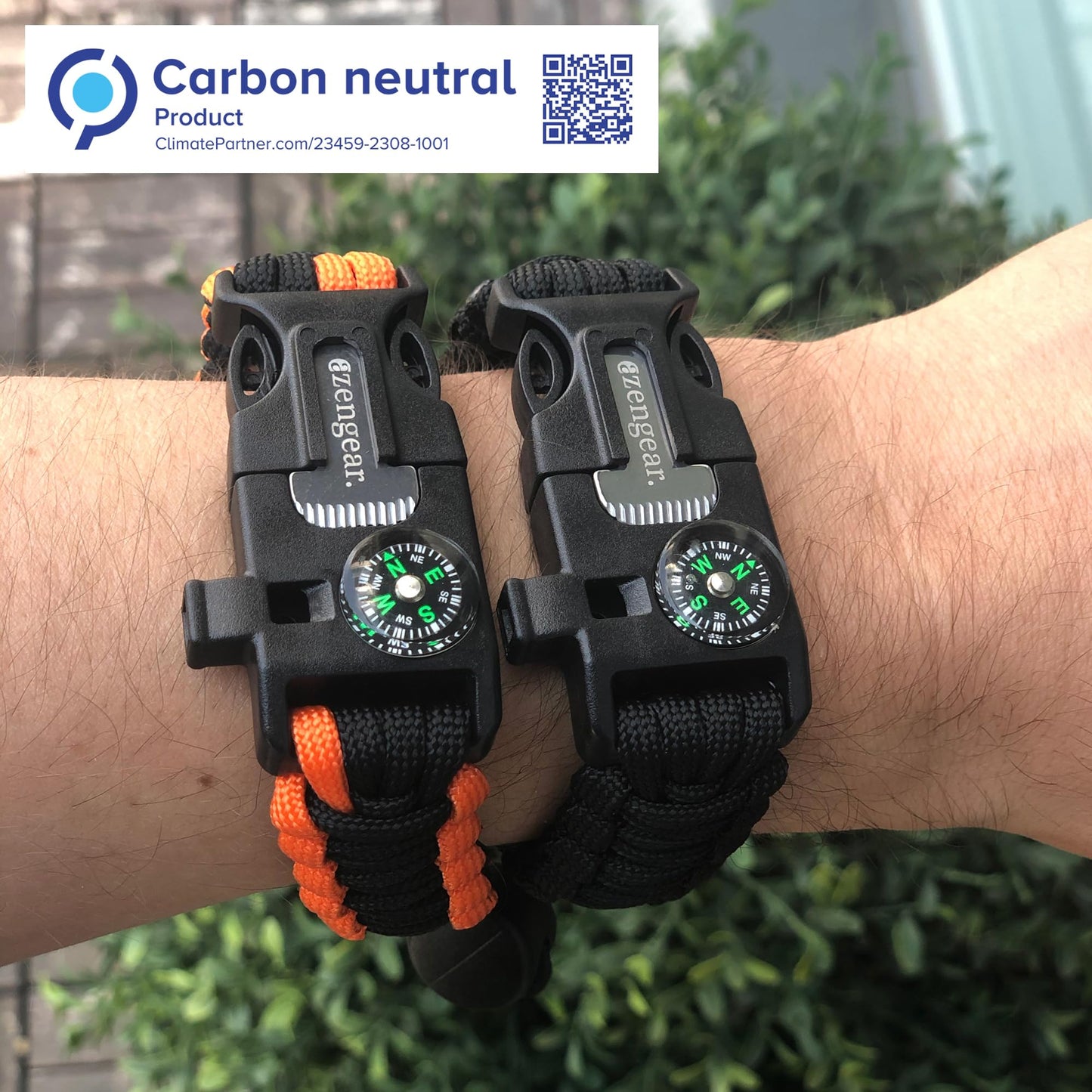 aZengear Paracord Survival Bracelet (2 Pack) | Flint Steel Fire Starter, Compass, Whistle,Hiking Accessories, Wild Camping Equipment Kit, Bushcraft, Emergency (Black and Orange)