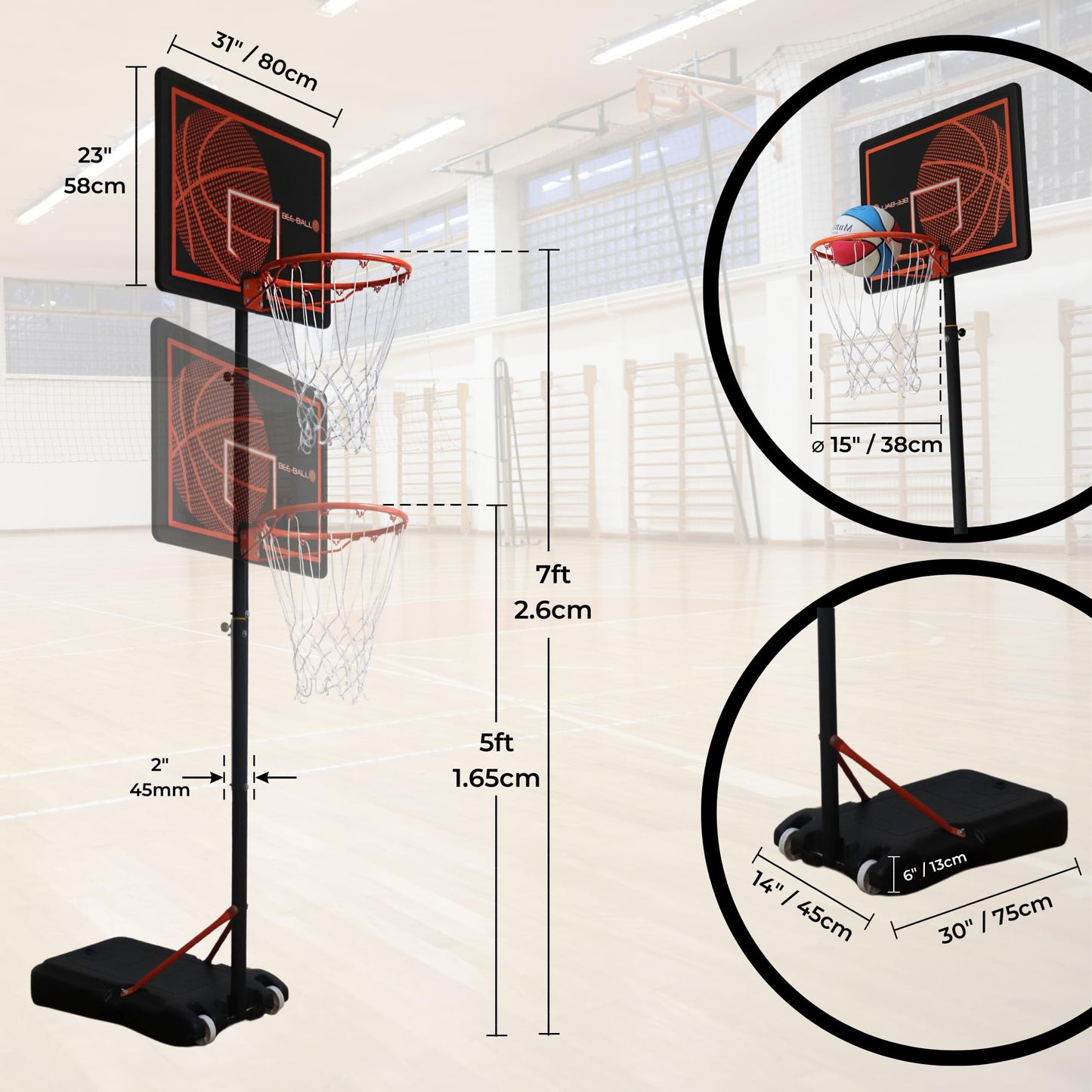Bee-Ball BB-05 Adjustable Basketball Hoop (Basketball Stand) (5.2 ft -6.8 ft)