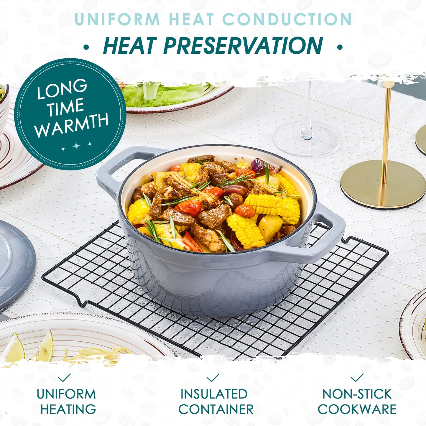 - Vancasso Dutch Oven, 2L Grey Cast Iron Pot with Stainless Steel Knob Lid, Naturally Non-Stick - 20cm -