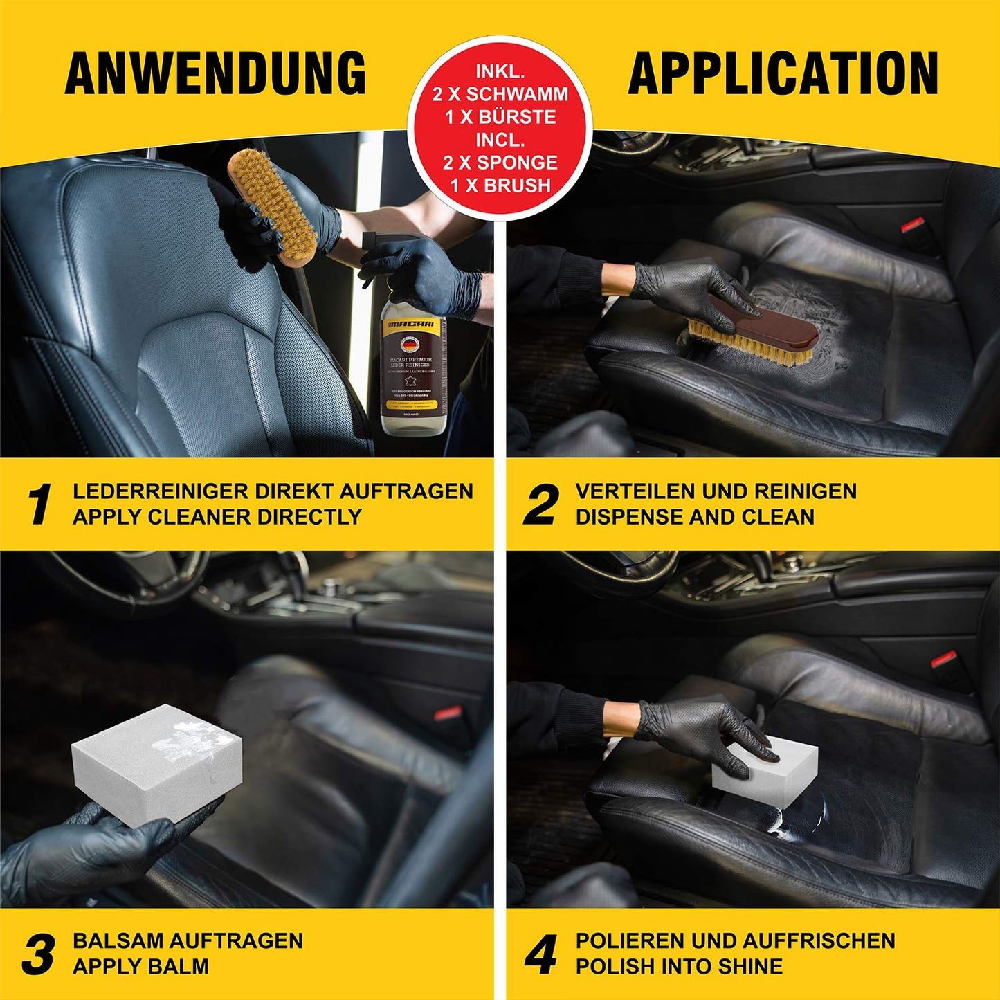 - Macari Leather Care | 500 ml Balm | 500 ml Cleaner | 2 Sponges | Leather Brush -