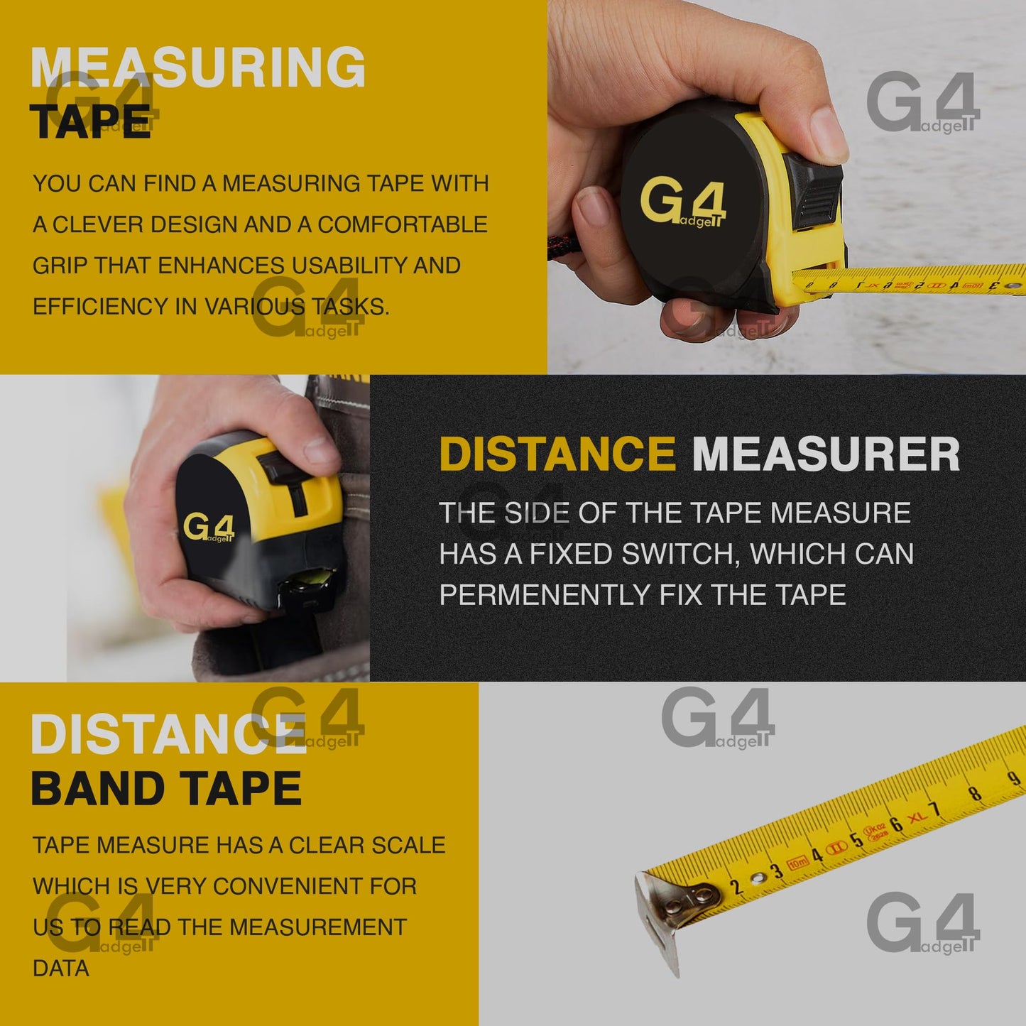 5 Meter Retractable Tape Measure Griplock Imperial Metric Measuring Metres (Black Yellow 5m 19mm)