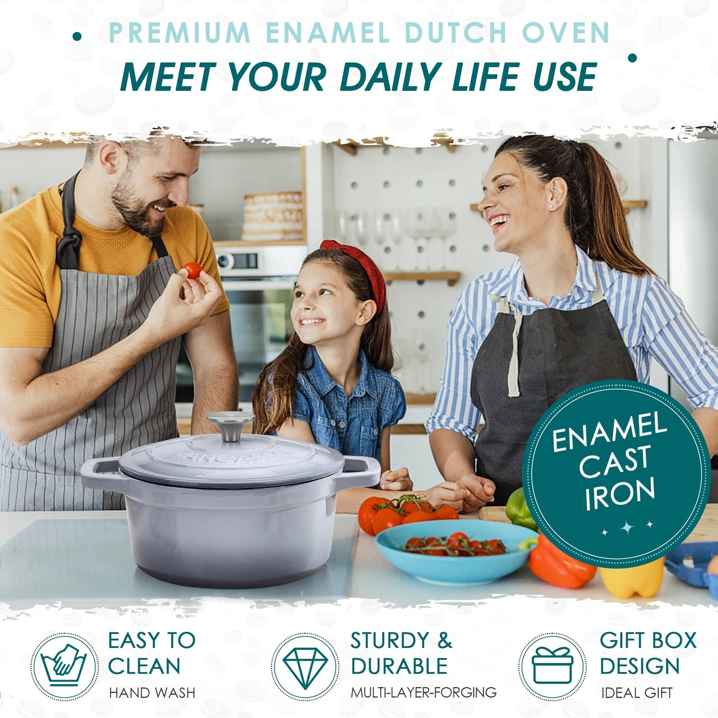 - Vancasso Dutch Oven, 2L Grey Cast Iron Pot with Stainless Steel Knob Lid, Naturally Non-Stick - 20cm -