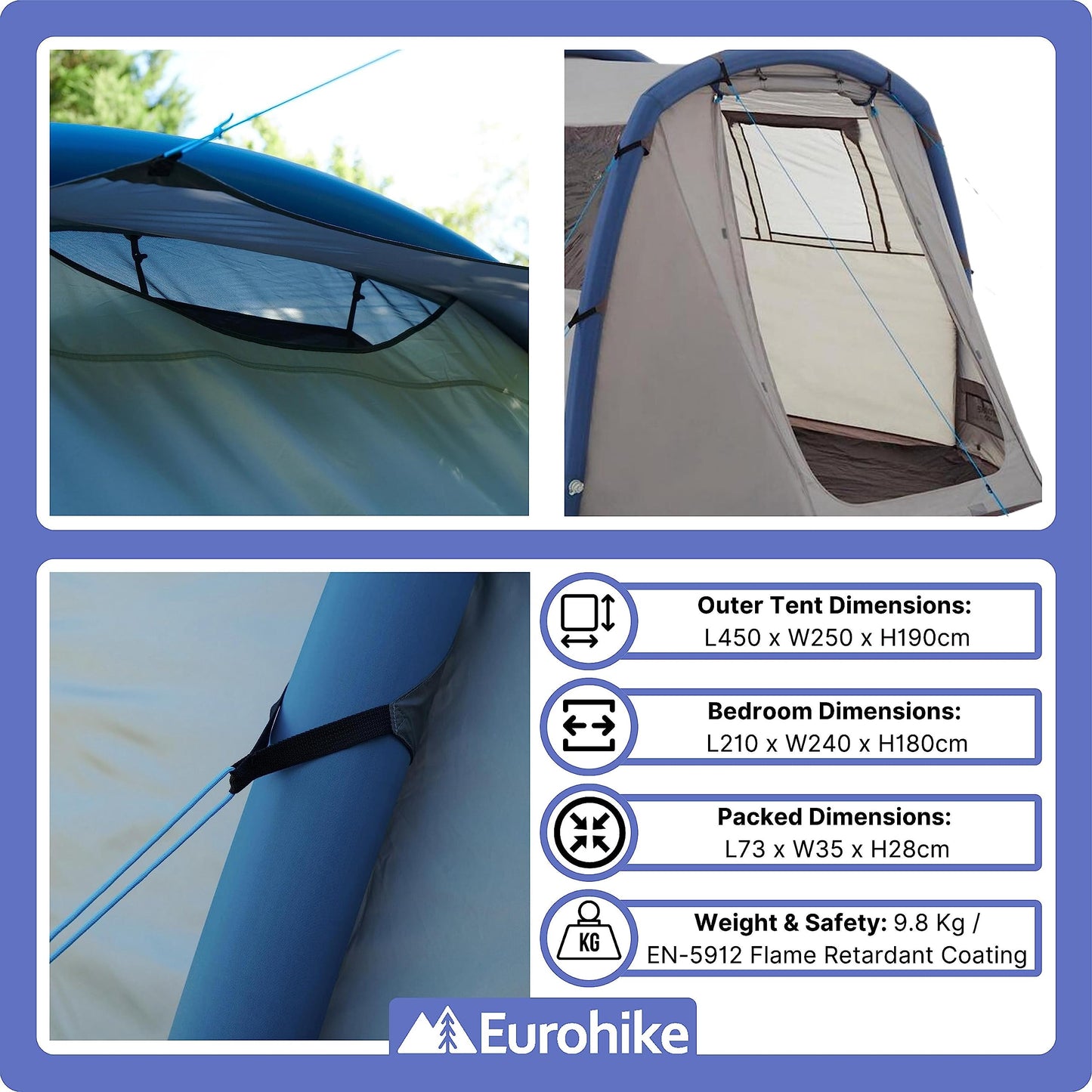 - Eurohike Genus 400 Inflatable 4 Person Air Tent | Separate Bedroom | Living Area | Porch -
