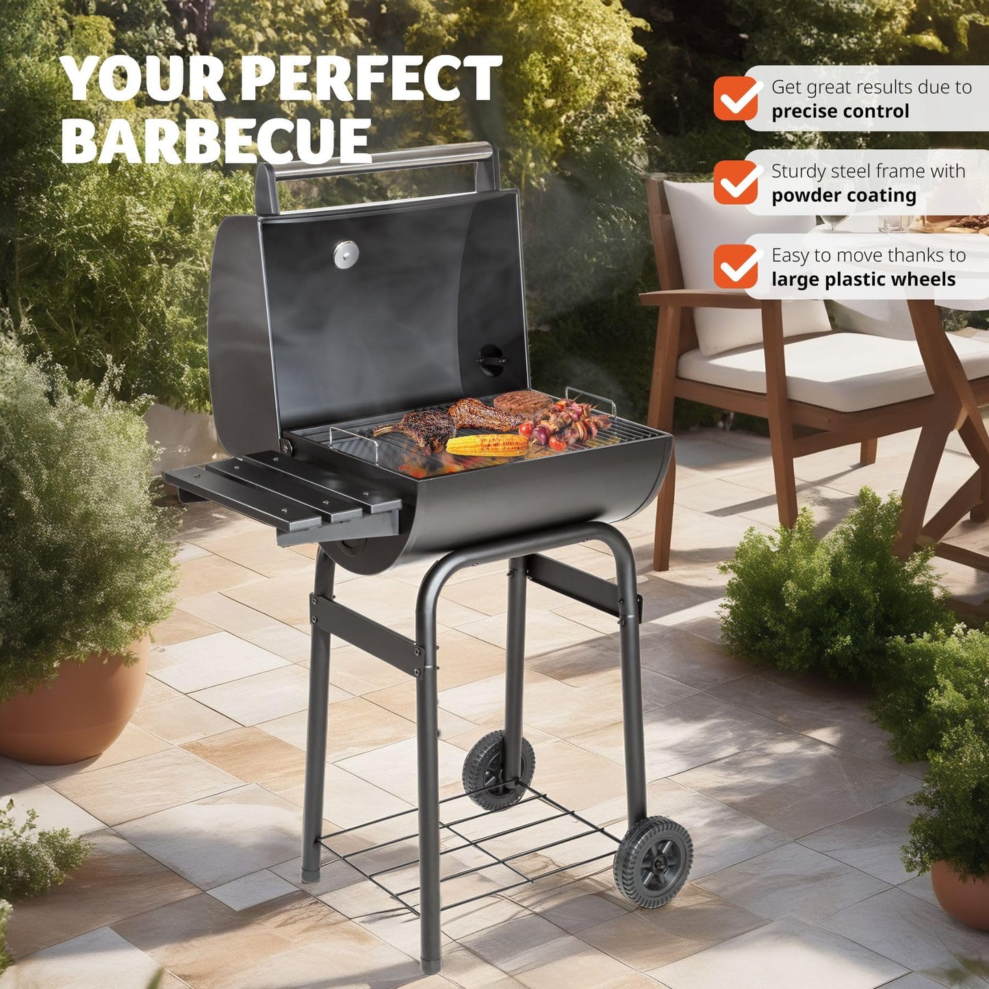 - tectake® BBQ | Charcoal & Wood | Built-in Thermometer | Adjustable Ventilation -
