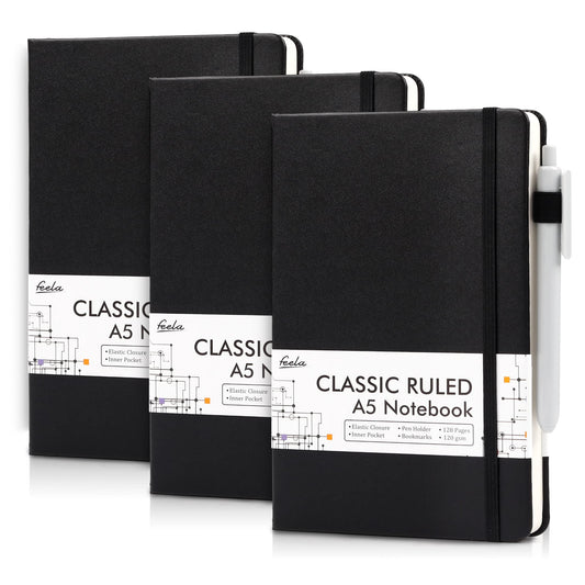 - feela A5 Notebooks Multipack | 3 Pack Ruled Lined Notepads A5 (120 GSM) | Hardback Journal Notebook with 3 Black Gel Pens -