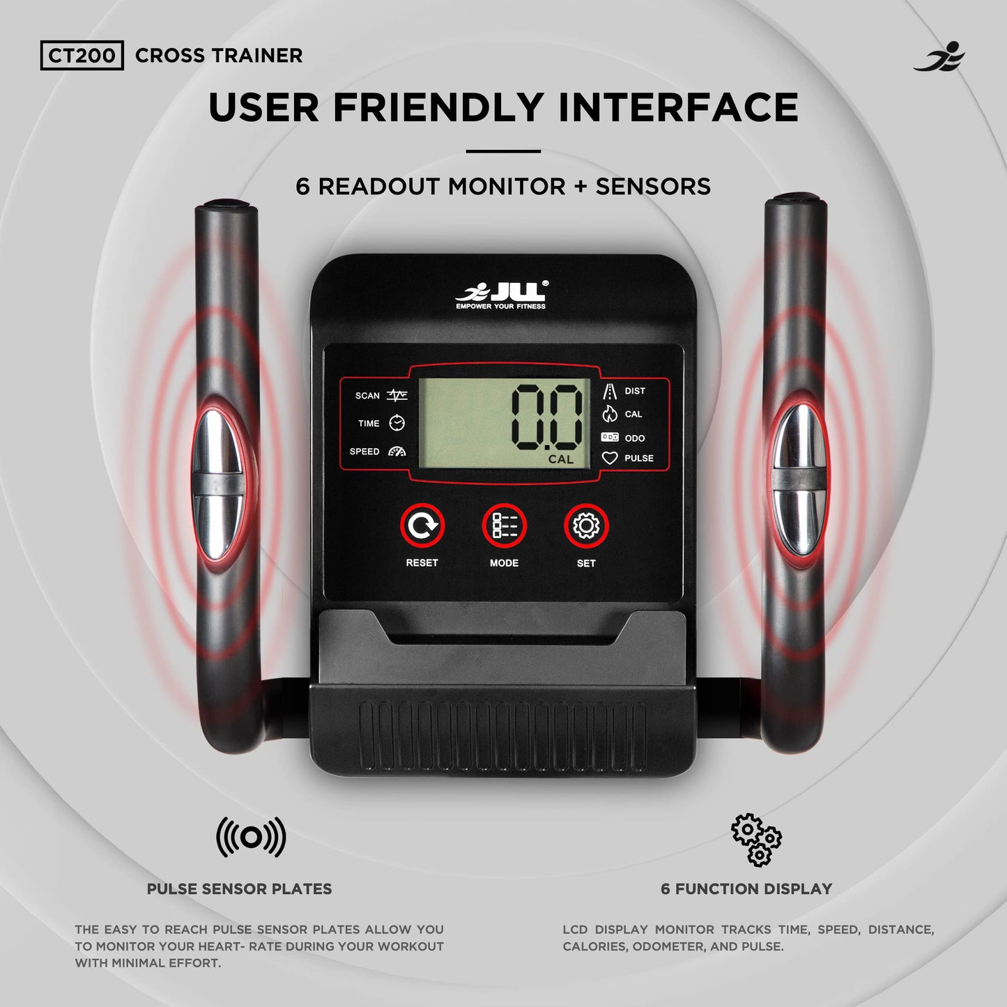 - JLL CT200 Home Elliptical Cross Trainer | 2024 Model | 8 Level Magnetic Resistance | Cardio Workout, Advanced Momentum Mechanism to resemble 10kg | Console Display with Heart Rate Sensor -