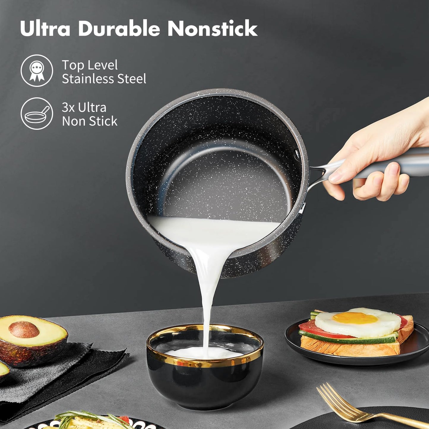 - Stainless Steel Pots and Pans Set | 7-Piece Nonstick Granite Induction Hob Pan Set | Frying Pans & Saucepans | Black -