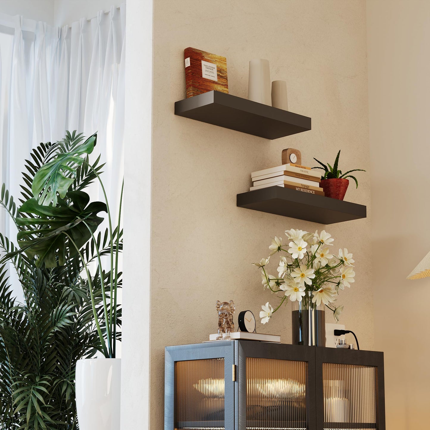 BONTEC Wood Floating Shelves Set of 2, 40cm Bathroom Wall Shelves up to 10kg, Wall Mounted Farmhouse Décor for Bathroom, Bedroom, Living Room and Kitchen, Office, etc (Black)