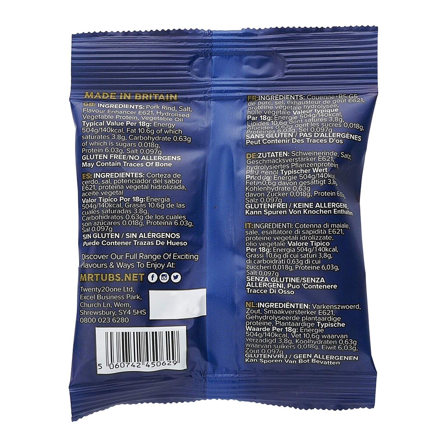 - Mr Tubs Premium Pork Scratchings | Gluten Free | Perfectly Salted | 20 x 18g Bags -