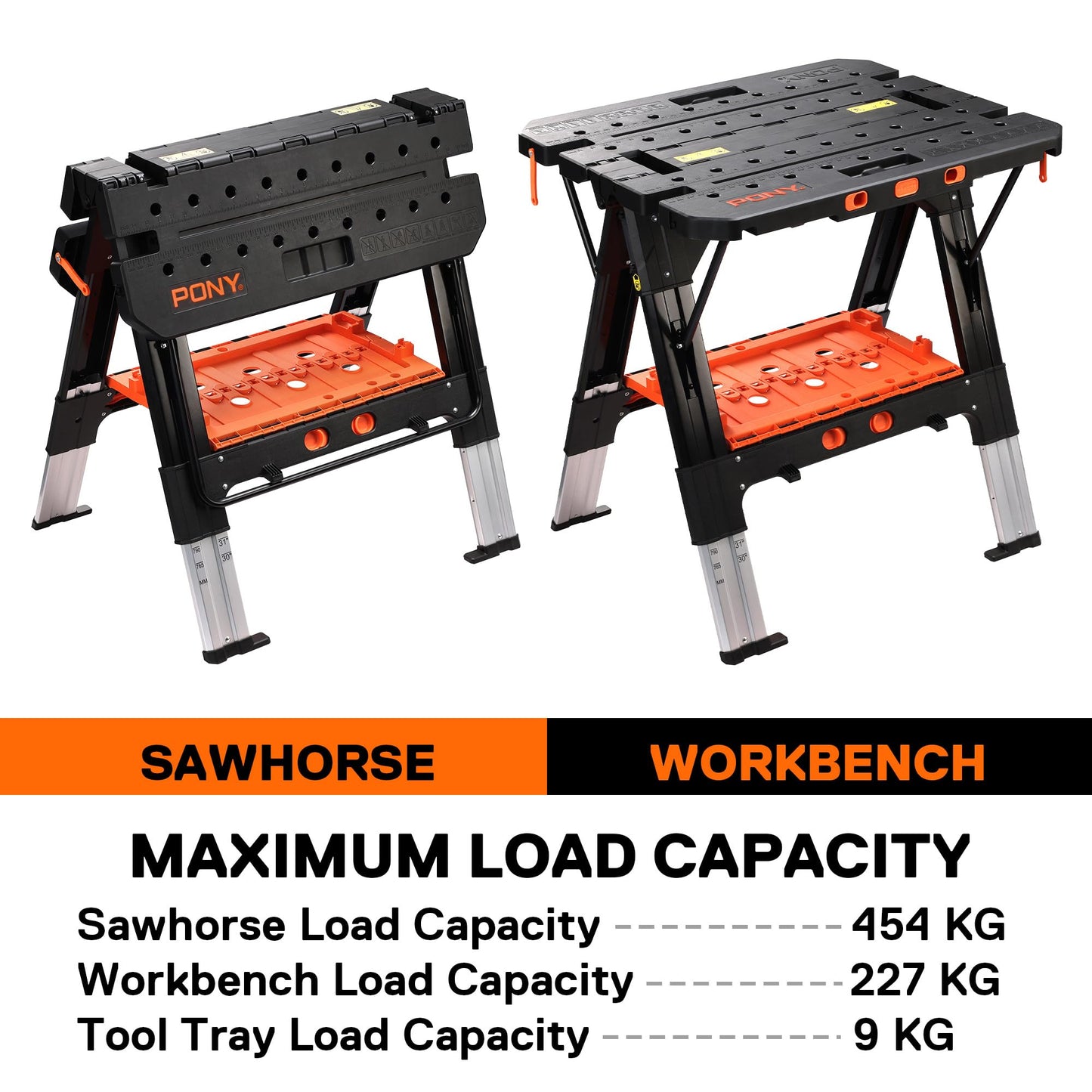 - PONY 2-in-1 Folding Workbench | Max Weight 227 kg | Comes With Tool Tray, 79 x 89 x 63.5 cm -