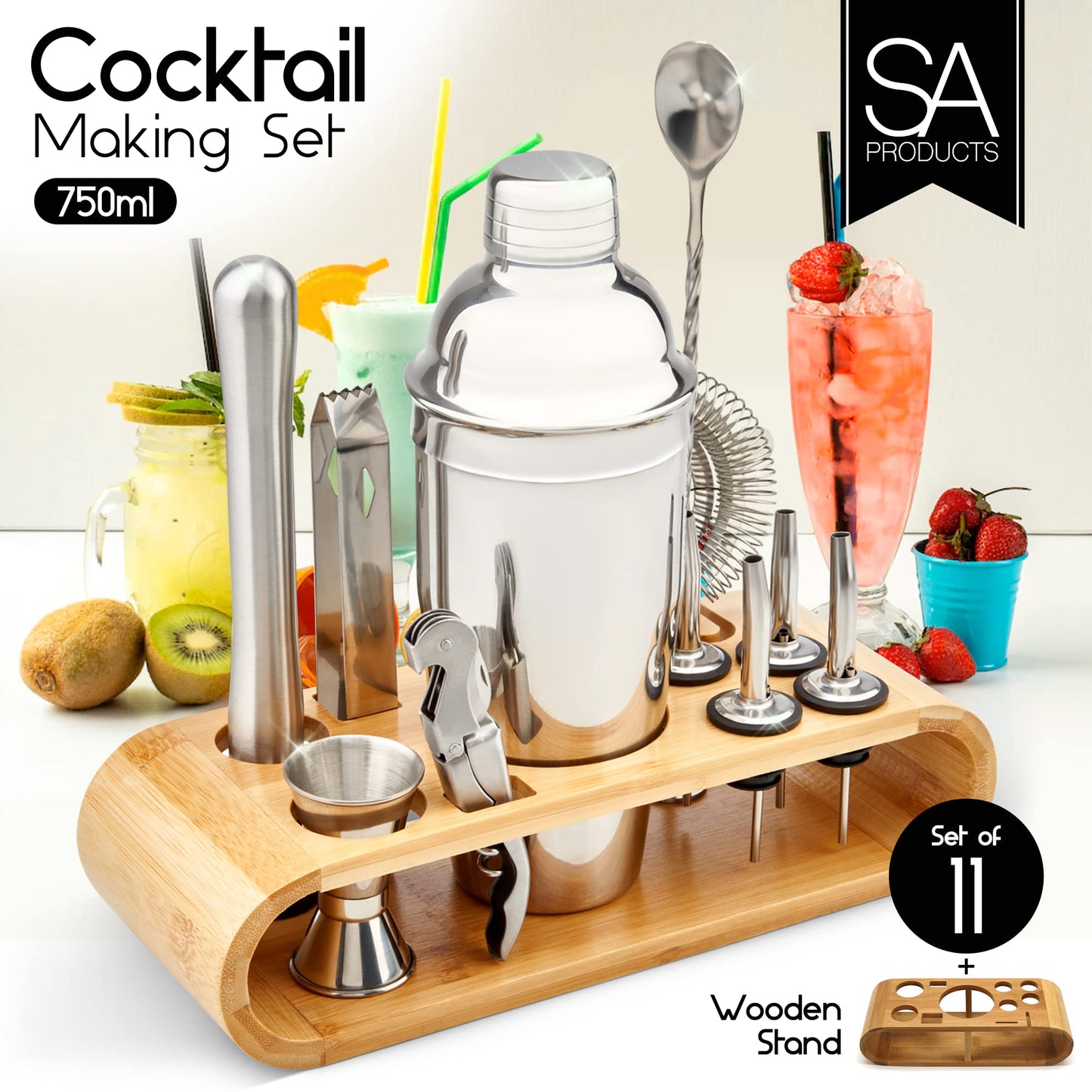 - SA Products 12 Piece Cocktail Shaker Set | Stainless Steel Cocktail Accessories | Bartender Kit with Drink Shaker, Jigger, Spoon, Strainer, Corkscrew, Ice Tongs, Pestle, Pourers, Bamboo Display Stand -
