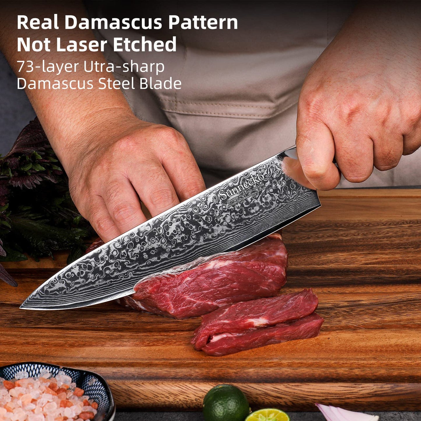 - Sunnecko Chef Knife 8 inch | Kitchen Knife with 73-Layer | VG10 Damascus Steel Sharp -