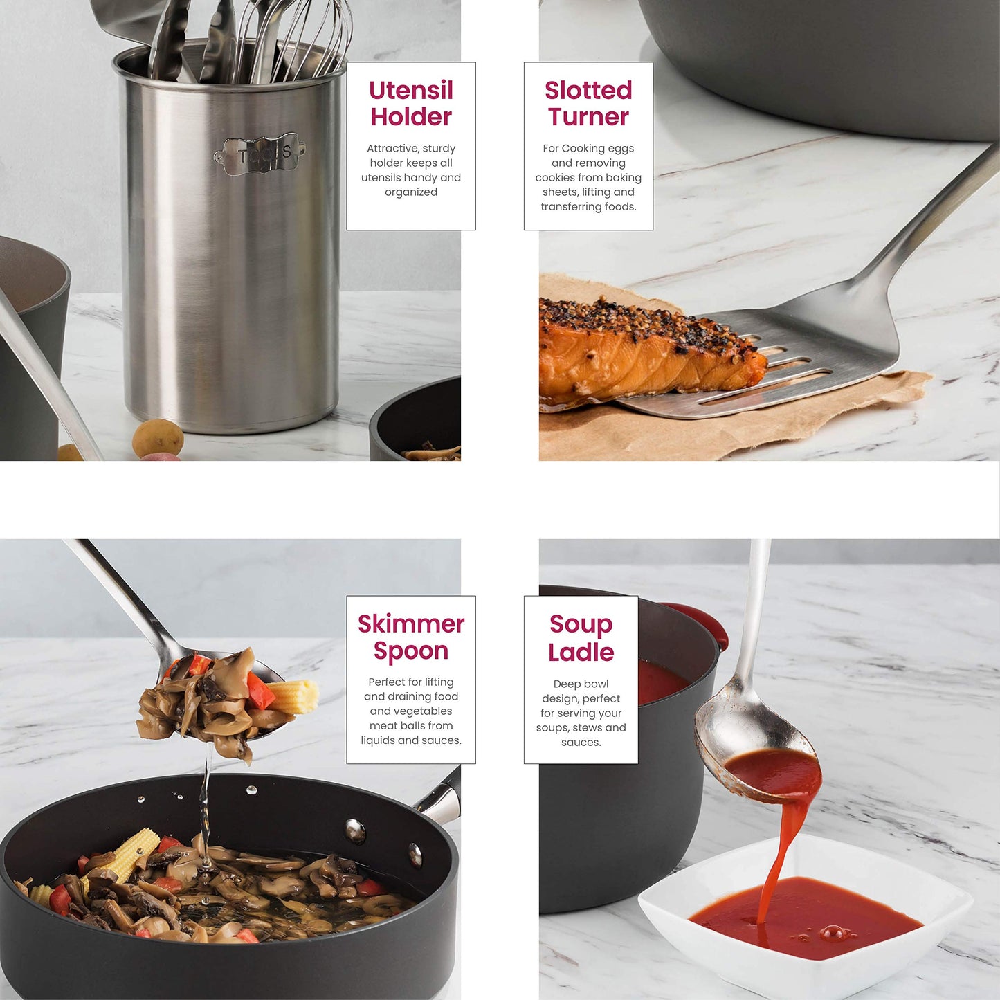 - FineDine Kitchen Utensils Set | 10-Piece | Stainless-Steel Cooking Utensils w/Spoons -