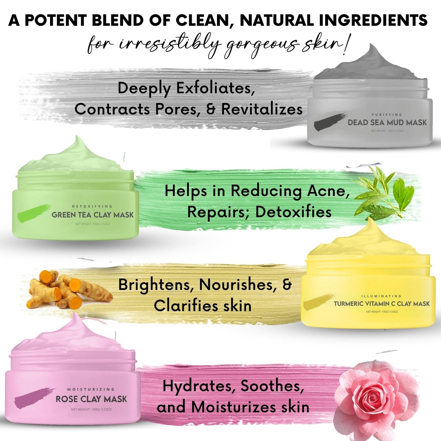 Clay Mask | Clay Face Mask | Premium Pack of 4(400g) With Bonus Headband & Brush | Turmeric Vitamin C Clay Mask For Face, Green Tea, Rose, Dead Sea Mud Mask | Deep Pore Cleansing & Brightening