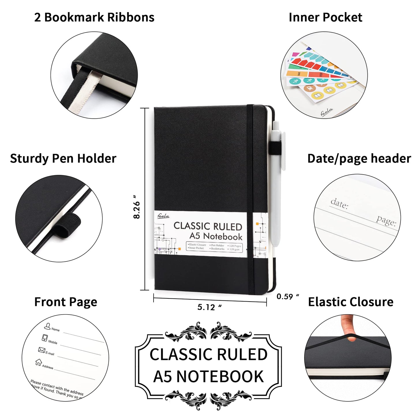 - feela A5 Notebooks Multipack | 3 Pack Ruled Lined Notepads A5 (120 GSM) | Hardback Journal Notebook with 3 Black Gel Pens -