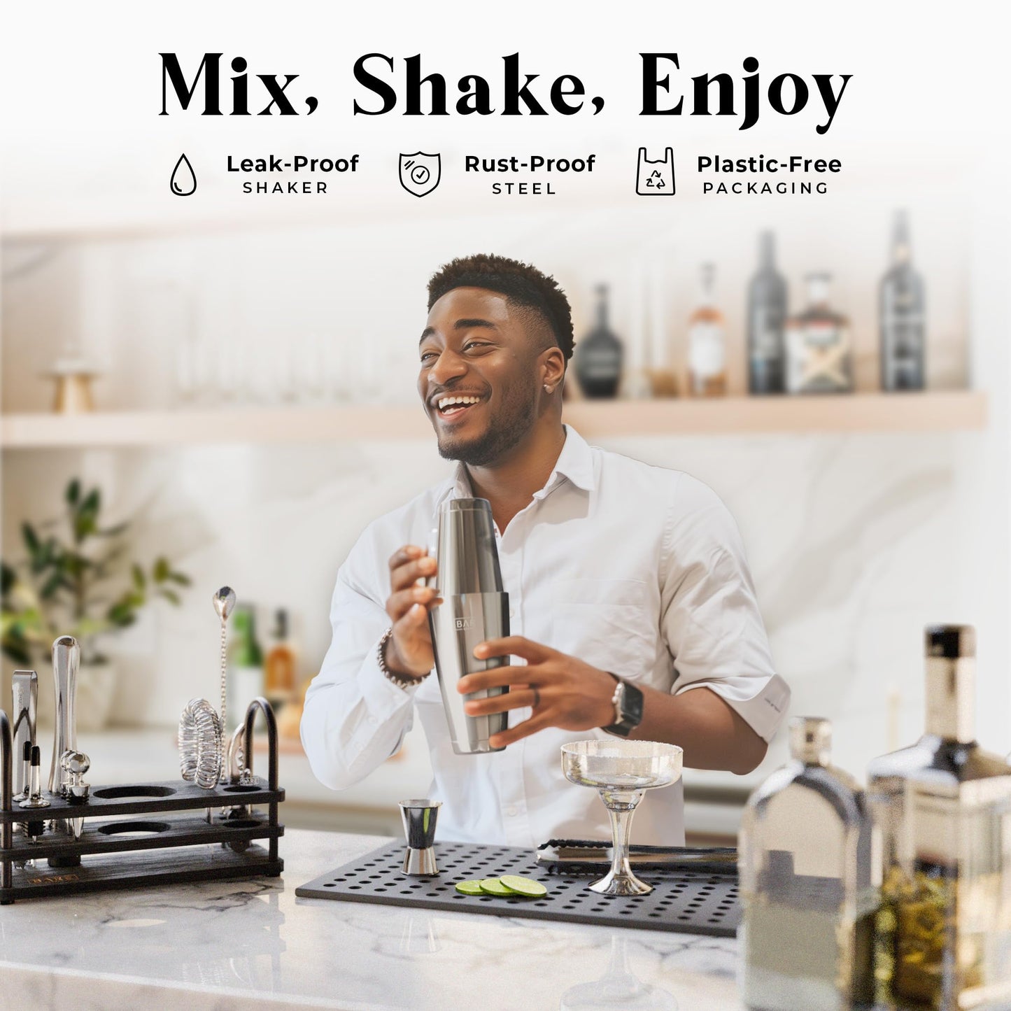 BARE BARREL® Cocktail Making Kit | 14-Piece Bartender Kit Cocktail Shaker Set Maker | Bamboo Display Stand & 35 Recipe Cards | Mixology Cocktail Gift Set (800ml/28oz Boston Shaker, Silver Black)