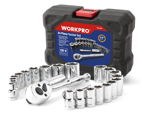 - WORKPRO 24PC Socket Set 3/8" Ratchet Drive Sockets Wrench, 11pc Metric & 10pc SAE Sockets, Extension Bar Spark Plug Rachet Set Spanners with Blow Molded Case