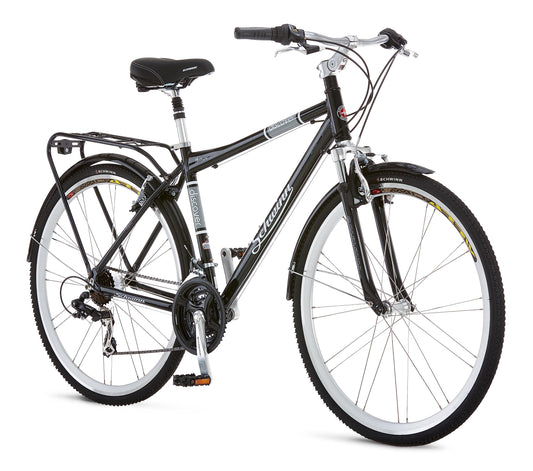 -  Schwinn Discover Adult Hybrid Bike for Men and Women | 700c Wheels, 21-Speeds | 19-Inch Aluminum Step-Over Frame | Front and Rear Fenders | Rear Cargo Rack | Black -