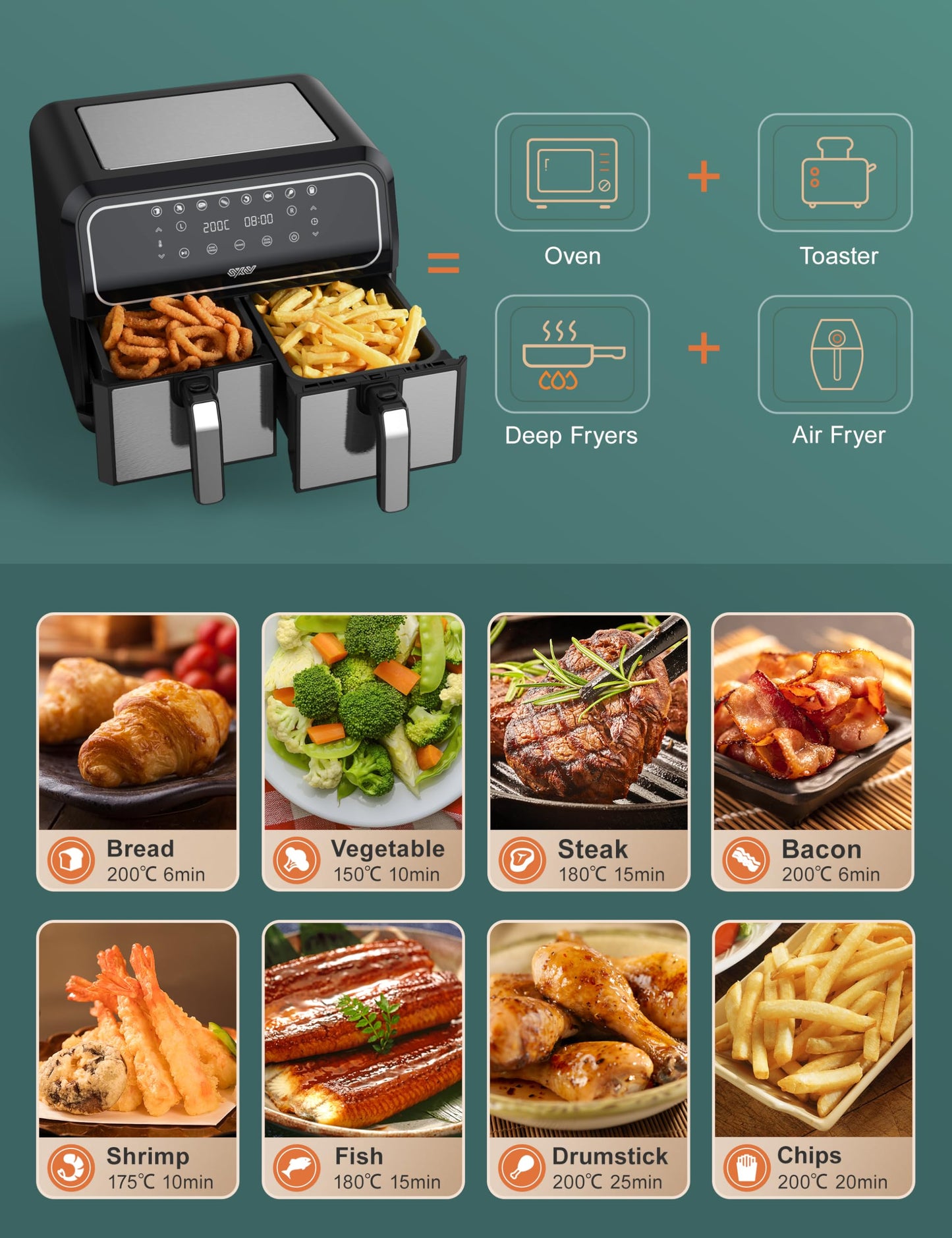 - Innsky Dual Zone Hot Air Fryer Double Chamber 8L | 8 Programmes Hot Air Fryer | Double Air Fryer | 2 Baskets -
