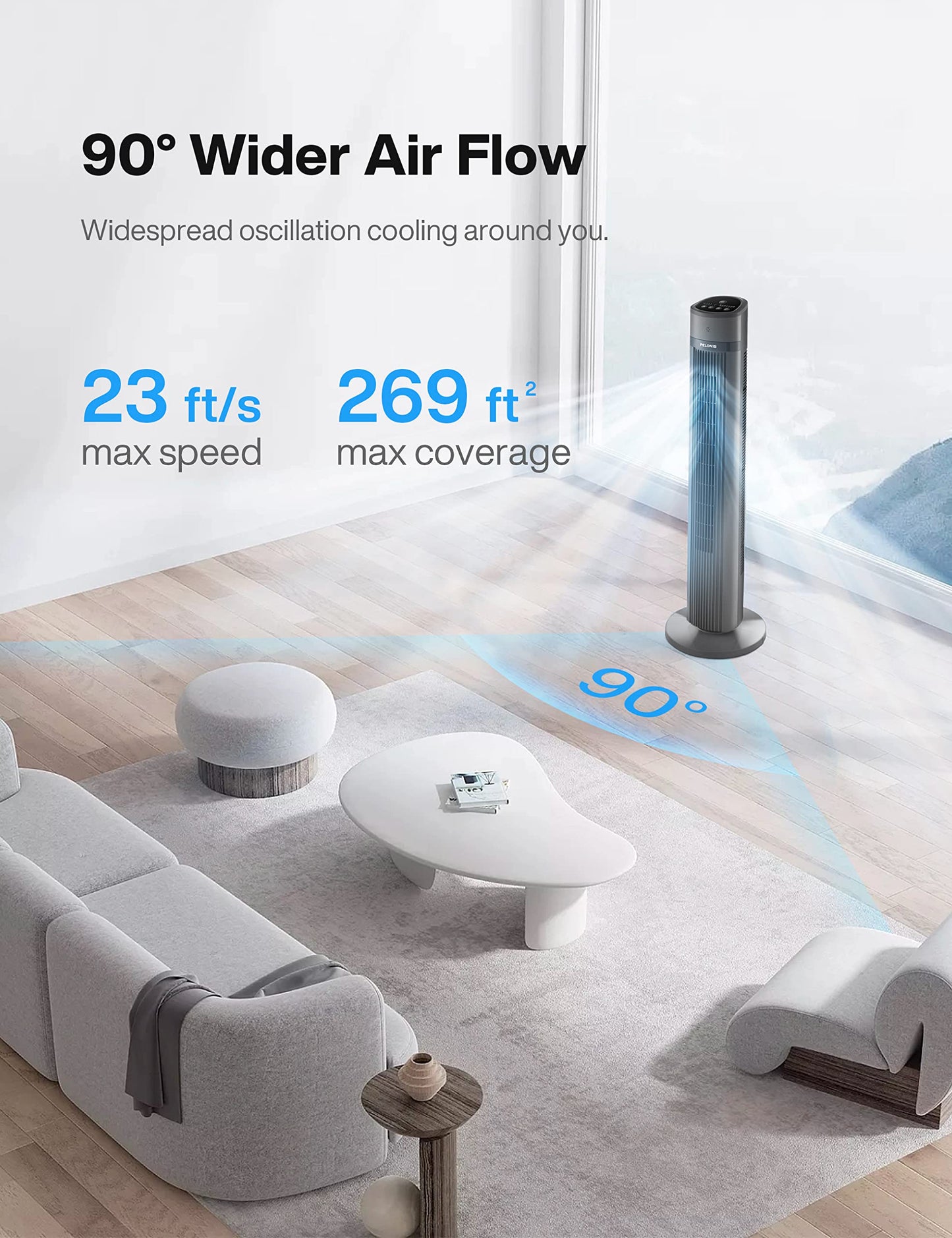 - Pelonis 40-Inch Tower Fan | Quiet Cooling Fan with Remote | Bladeless Fan | 90° Oscillating Fan with 3 Speeds -