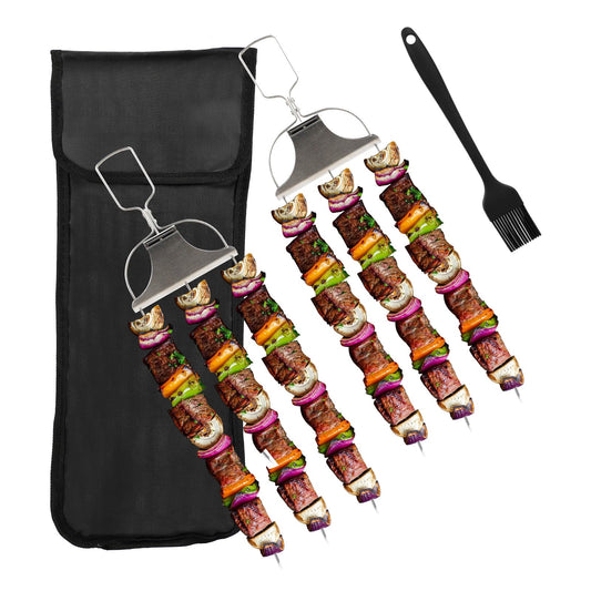2Pcs 3 Way Skewers for Grilling, Stainless Steel BBQ Skewers with Push Bar Slider, Reusable Kebab Skewers BBQ Accessories with Oil Brush and Oxford Bag