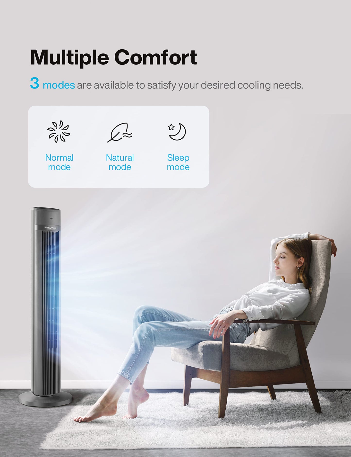 - Pelonis 40-Inch Tower Fan | Quiet Cooling Fan with Remote | Bladeless Fan | 90° Oscillating Fan with 3 Speeds -