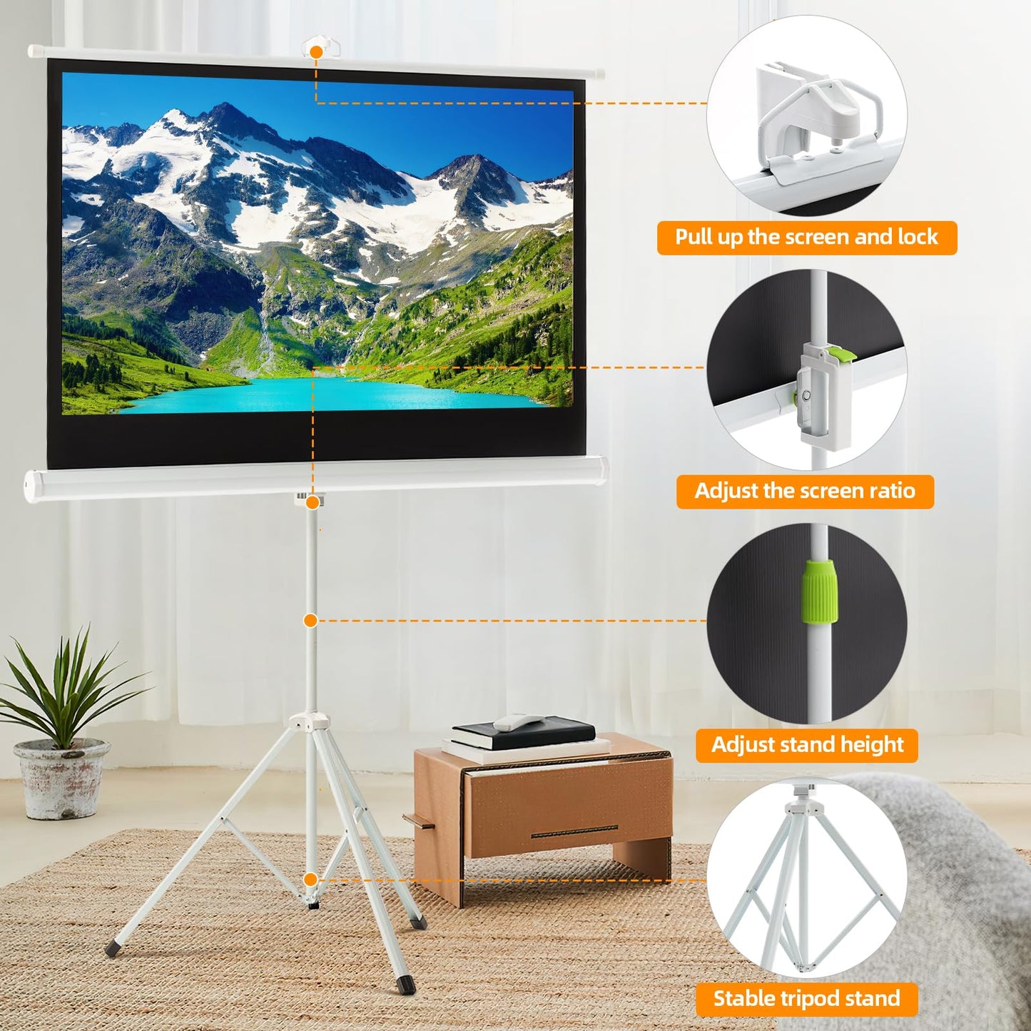 - FIDOOVIVIA Projector Screen and Stand | 16:9 4K HD Projector Screen | Portable Projector Screen 1:1 Format for Home Cinema Theater Presentation Education Outdoor Indoor Public Display | Size:172x89cm -