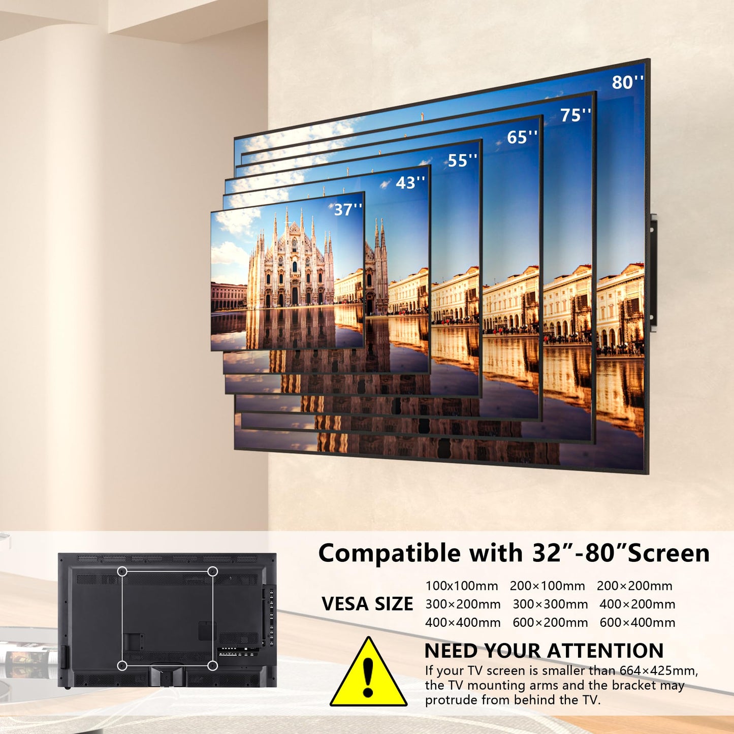 BONTEC TV Wall Bracket for 37-80 inch LED LCD Flat & Curved Screen, Swivel Tilt TV Wall Mount Full Motion, Heavy Duty Strong Solid Dual Arms up to 65KG, Max VESA 600x400mm, with HDMI Cable