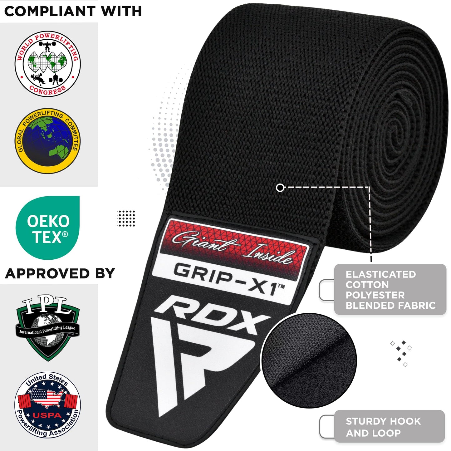 - RDX Knee Wraps Pair Weightlifting | IPL USPA Approved | 78” Elasticated Straps for Gym Workout -