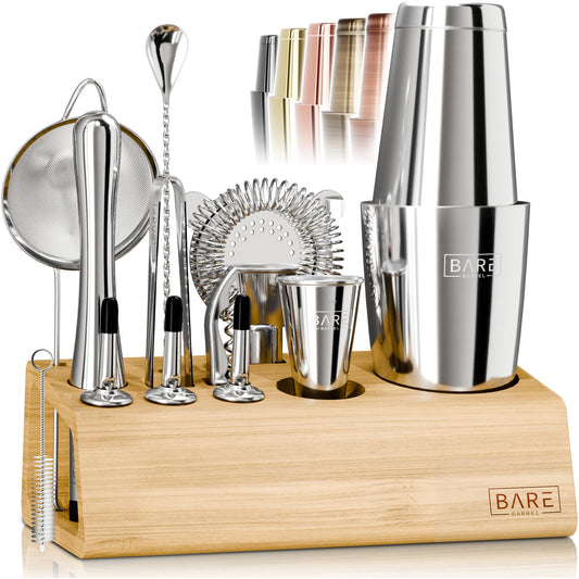 BARE BARREL® Cocktail Making Kit | 14-Piece Bartender Kit Cocktail Shaker Set Maker | Bamboo Display Stand & 35 Recipe Cards | Mixology Cocktail Gift Set (800ml/28oz Boston Shaker, Silver)