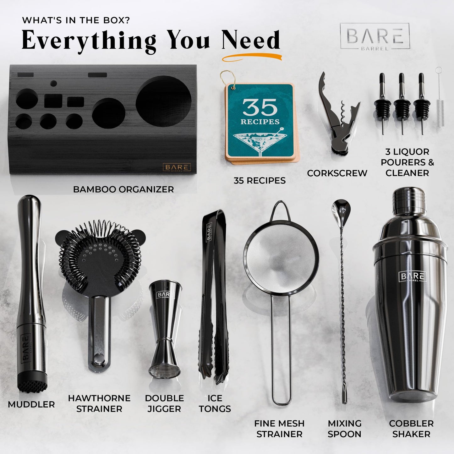 BARE BARREL® Cocktail Making Kit | 14-Piece Bartender Kit Cocktail Shaker Set Maker | Bamboo Display Stand & 35 Recipe Cards | Mixology Cocktail Gift Set (675ml/24oz Cobbler Shaker, Jet Black)