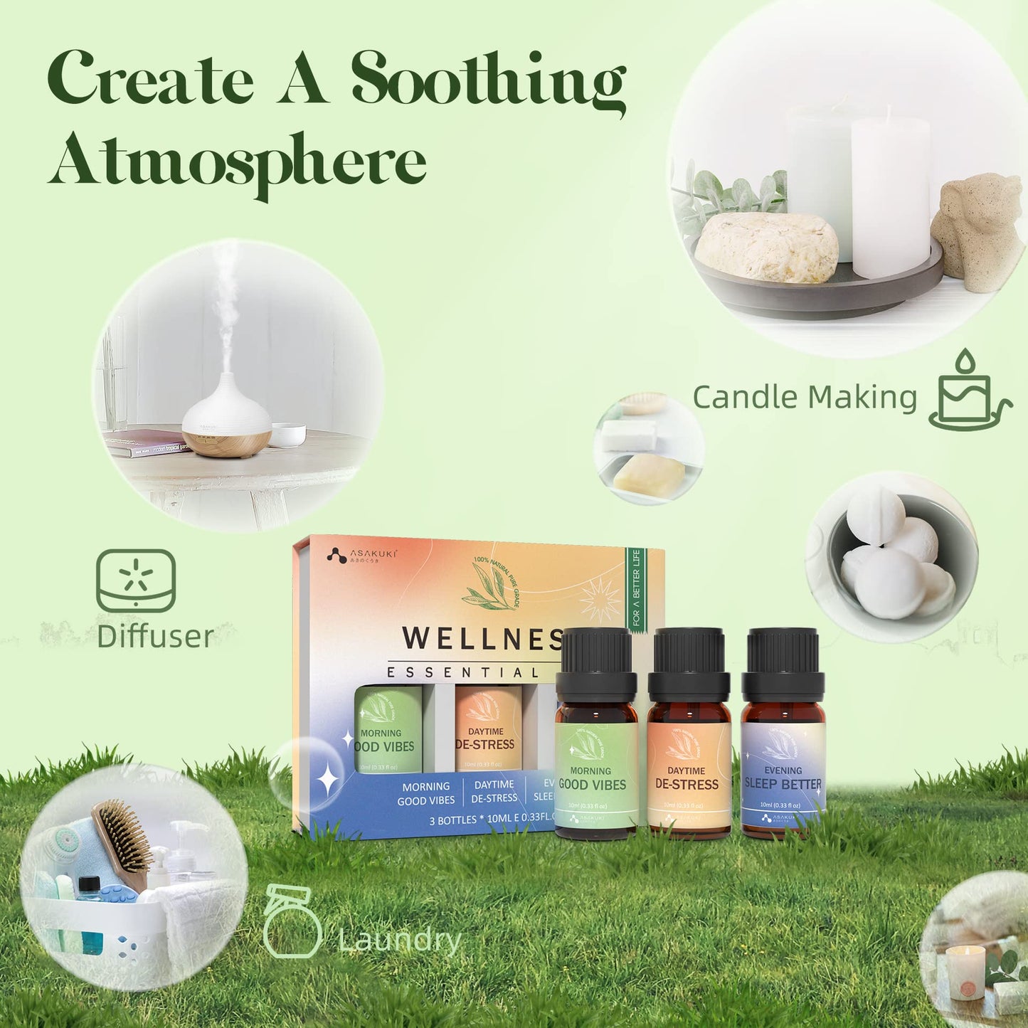 ASAKUKI Wellness Essential Oils Gift Set ā 100% Pure Aromatherapy Diffuser Blends Oils, Therapeutic Grade, Help for Uplift Mind, Calm Stress & Anxiety, Allay Tiredness, Sleep Better - 3 * 10mL