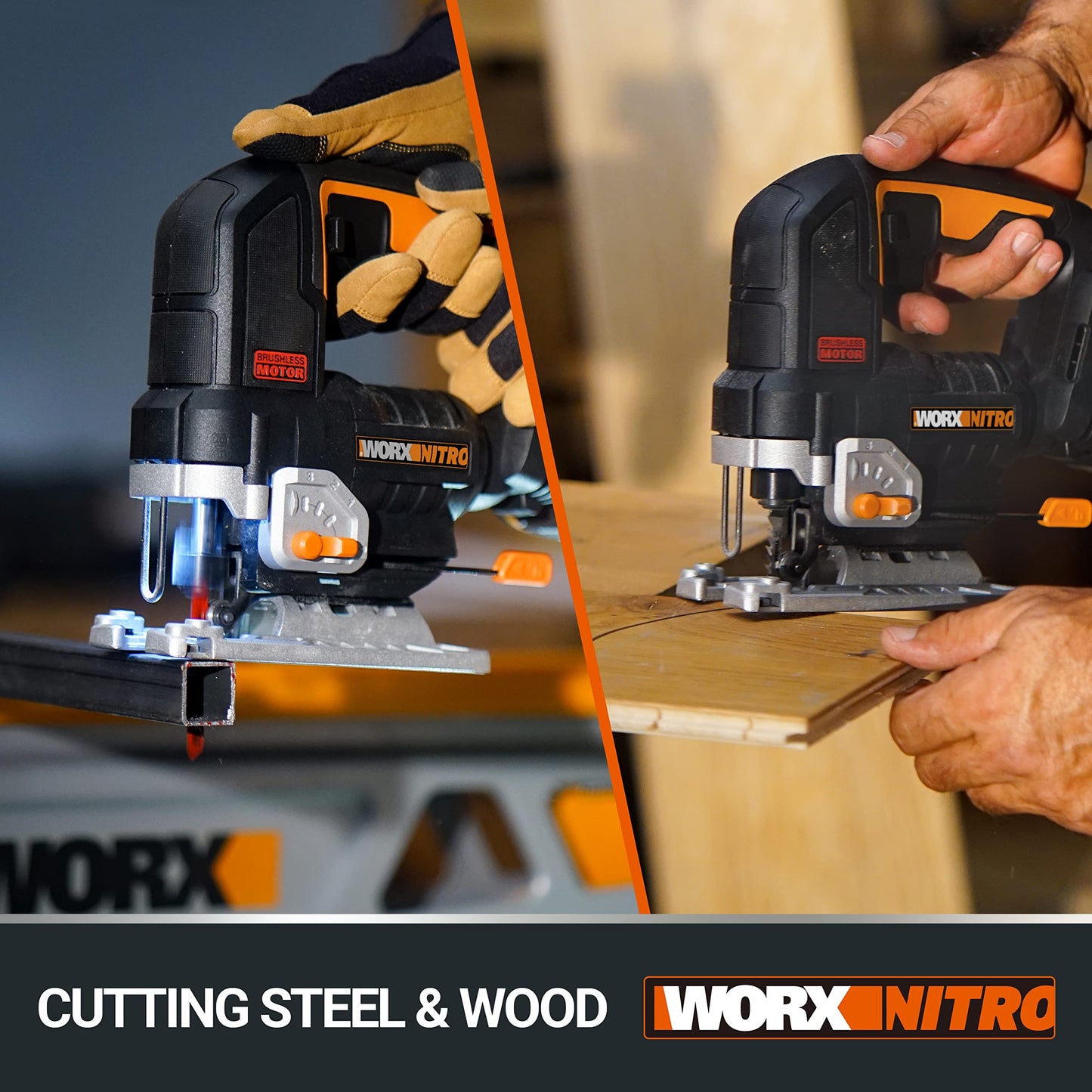 - WORX Nitro 18V(20V Max) Cordless Brushless Jigsaw WX542 Jig Saw, 3500spm, Maximum in Wood 120mm/steel 10mm, 26 mm Stroke Length, 45 °Bevel Capacity, PowerShare, 1 * 2.5Ah Battery & 1 * 2A Charger