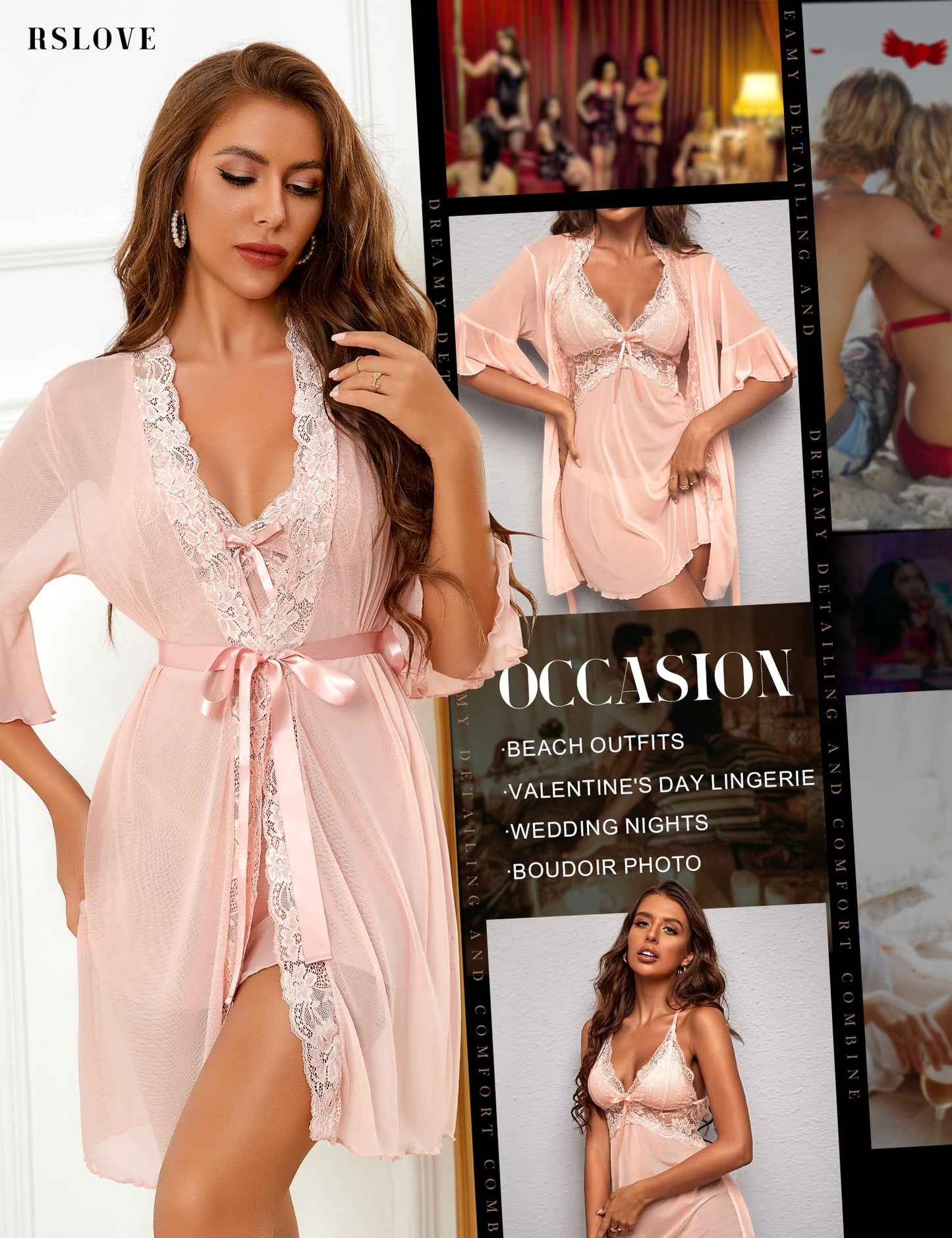 - RSLOVE Women's Sexy Lingerie | Lace Babydoll with Robe Nightdress Sleepwear | Pink M -