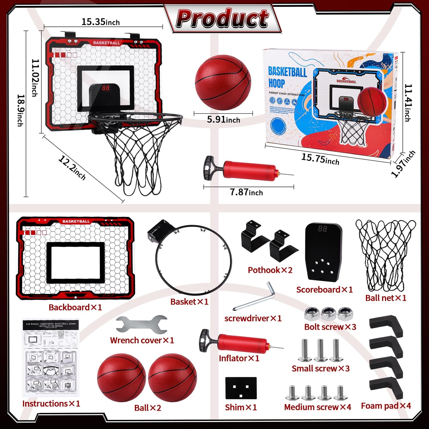 AmyBenton Basketball Hoop for Kids, Mini Basketball Hoop for Toddler Indoor Outdoor, Wall Mounted Basketball Hoop with Automatic Scoring, Basketball Hoop Back of Door for Boys and Girls age 6 7 8 9 10