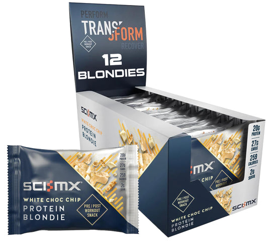 - SCI-MX High Protein White Choc Chip Blondie Box | 20g protein, 2g sugar + 259 calories per blondie | Pack of 12 x 65 g -