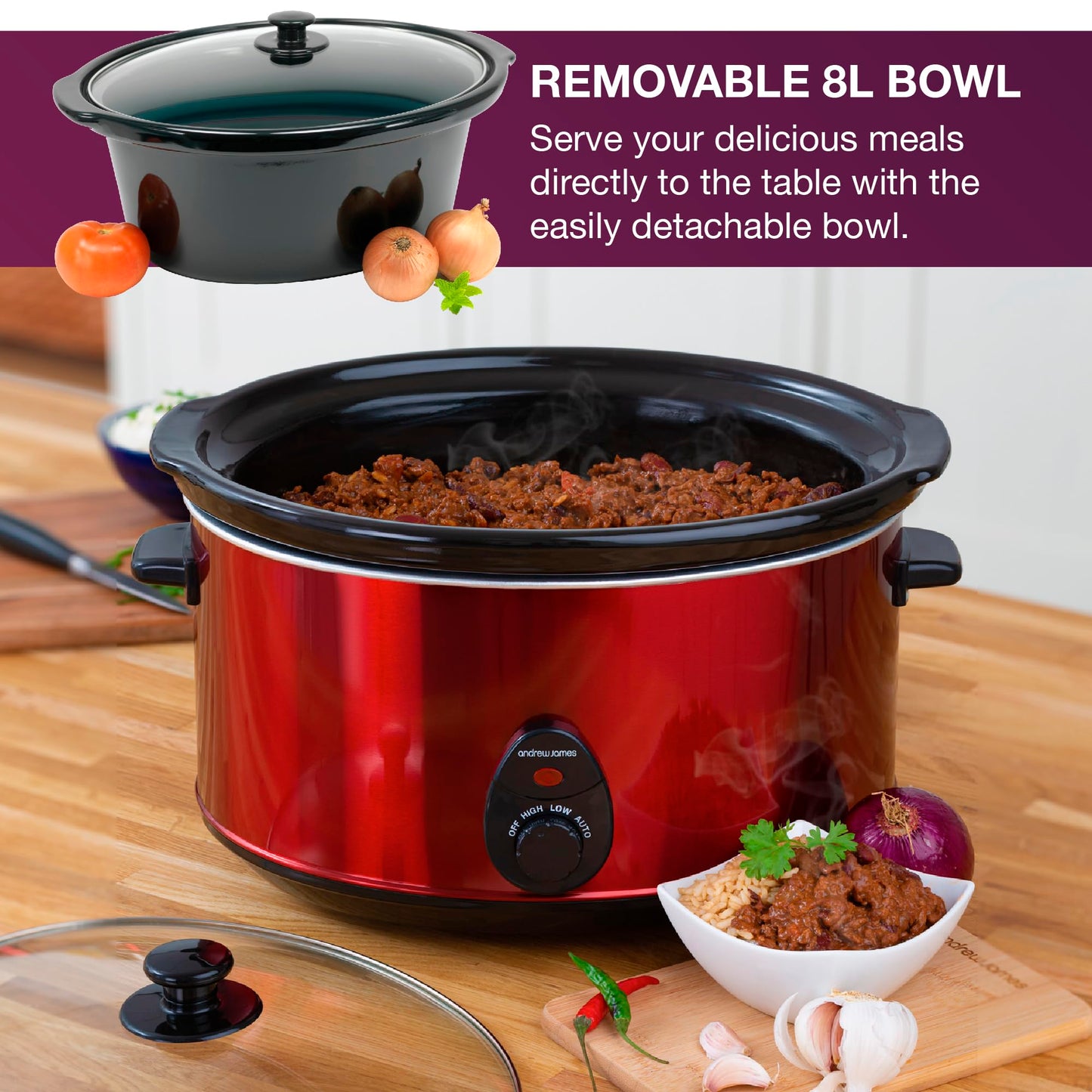 Andrew James Slow Cooker, Removeable Easy Clean Ceramic Bowl, 3 Temperature Settings, Energy Efficient, Tempered Glass Lid, Cool Touch Handles & Non-Slip Feet (Red, 8L)