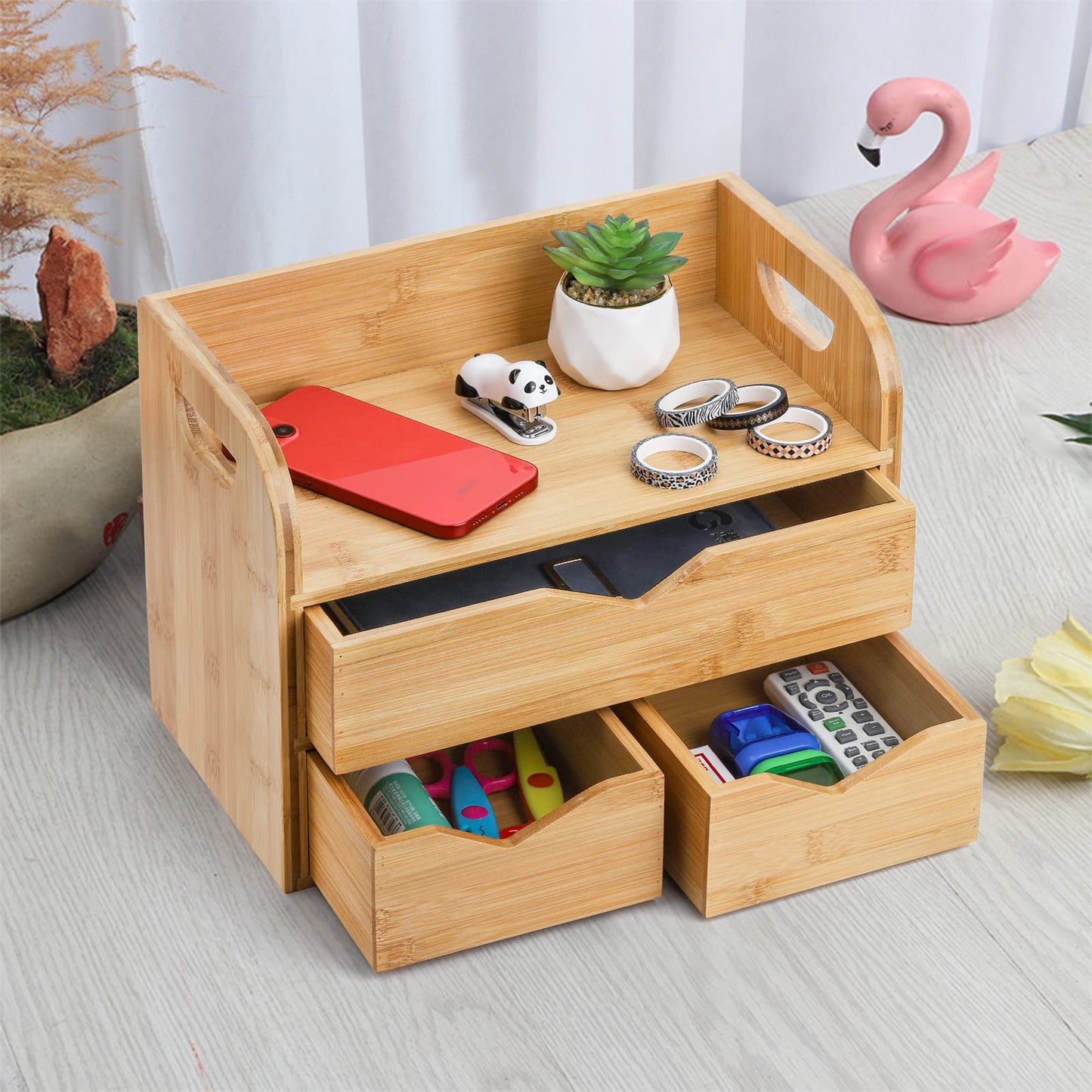 - Hacaroa 3 Tier Bamboo Desktop Organizer with 3 Drawers | Mini Tabletop Craft Box Cosmetic Storage Drawer with Handle -