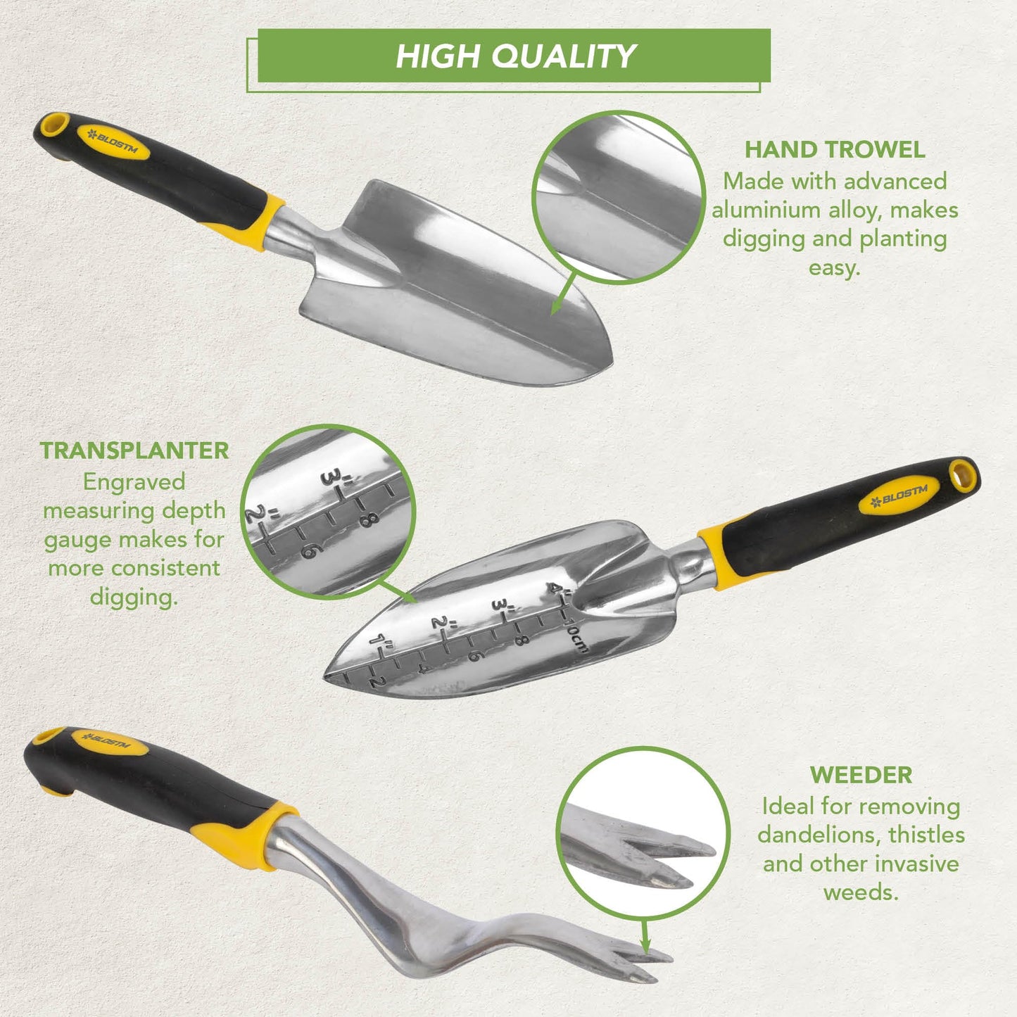 BLOSTM Gardening Tools Set 5 PCS - Heavy Duty Garden Tools for Gardening with Ergonomic Handles, Anti-Rust Garden Trowel and Fork Set, Weeder Tool, Transplanter Trowel, Hand Rake Garden Hand Tools