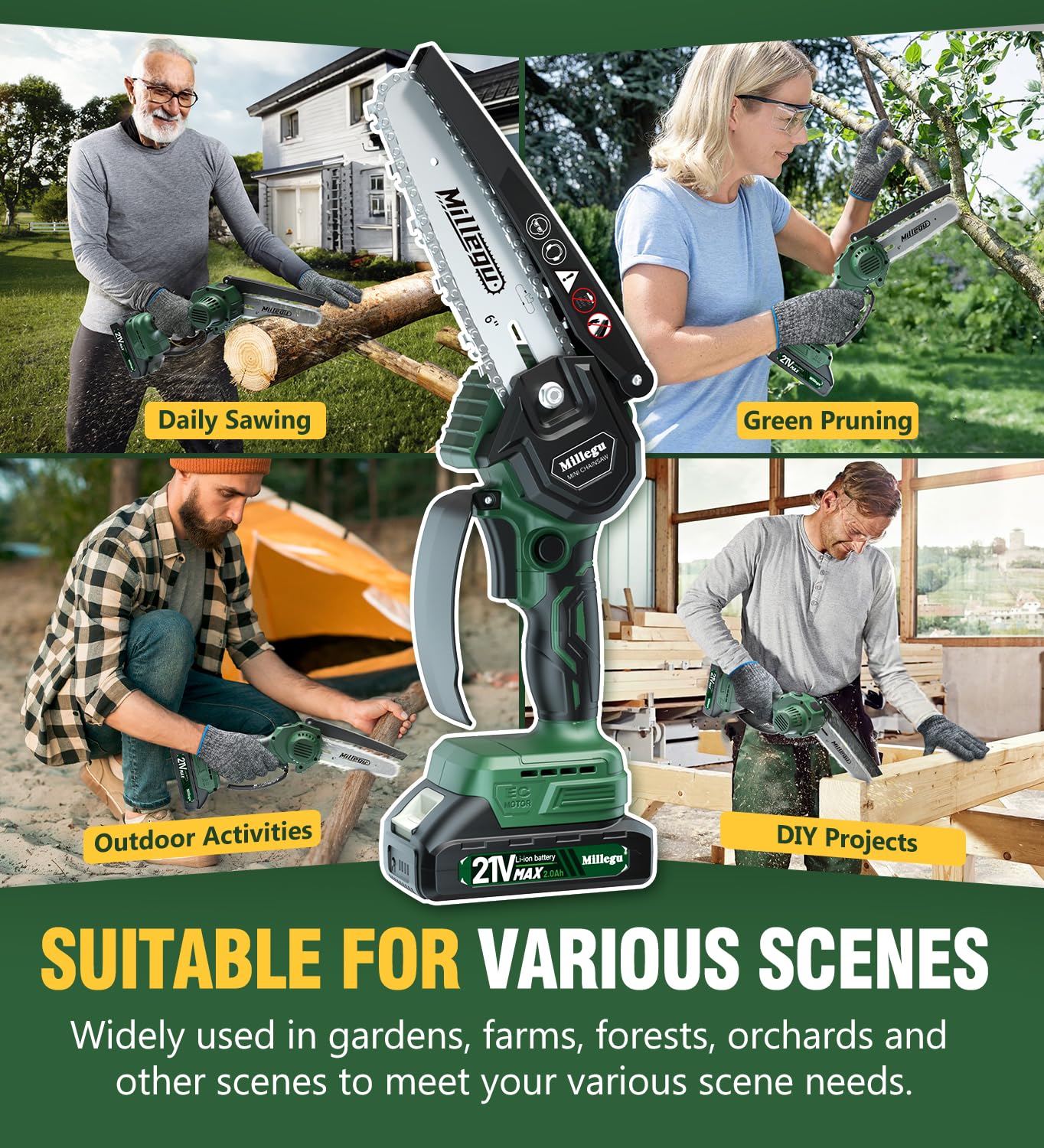 - Millegu Mini Chainsaw | Brushless Motor | 6 Inch Electric Chainsaw Cordless | 2 * 2000mAh Battery & 2 Chains -