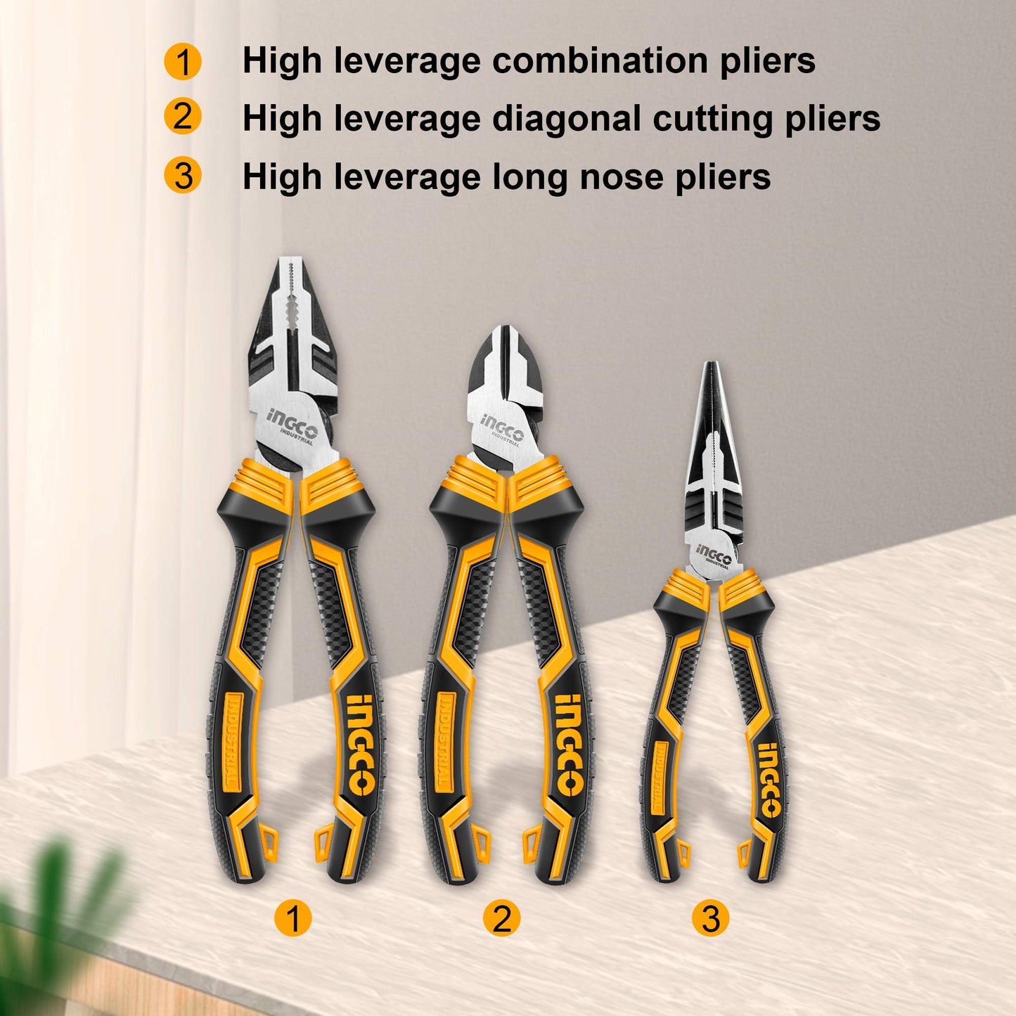 - INGCO 3Pcs High Leverage Pliers Set | 8" Combination Pliers | 7" Diagonal Cutting Pliers | 6" Long Nose Pliers -