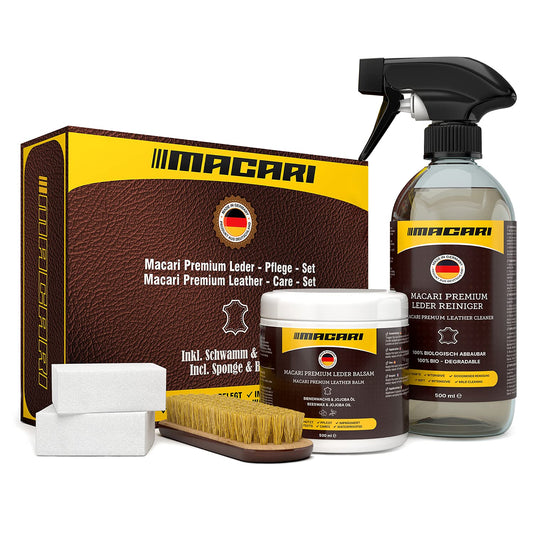 - Macari Leather Care | 500 ml Balm | 500 ml Cleaner | 2 Sponges | Leather Brush -