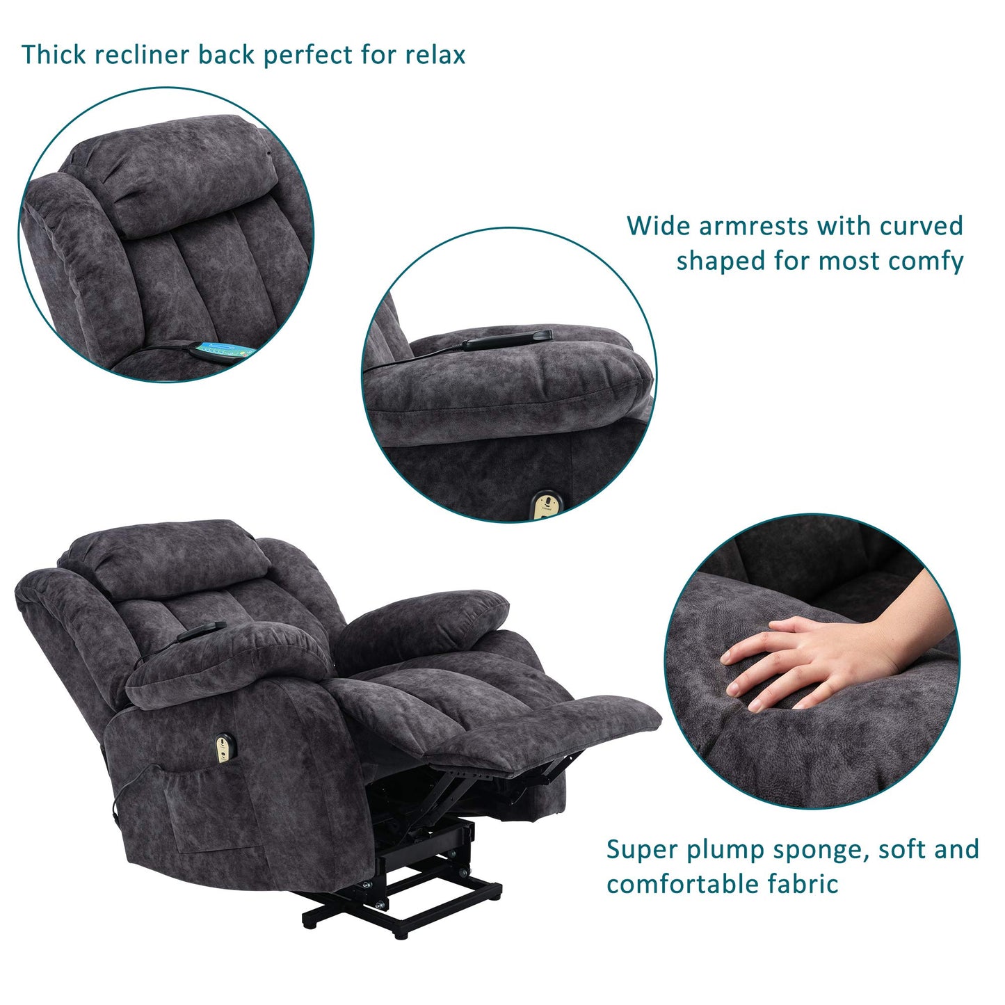 BTM Power Massage Lift Recliner Chair with Heat & Vibration for Elderly, Heavy Duty and Safety Motion Reclining Mechanism - Antiskid Fabric Sofa Contempoary Overstuffed Design (Gray)