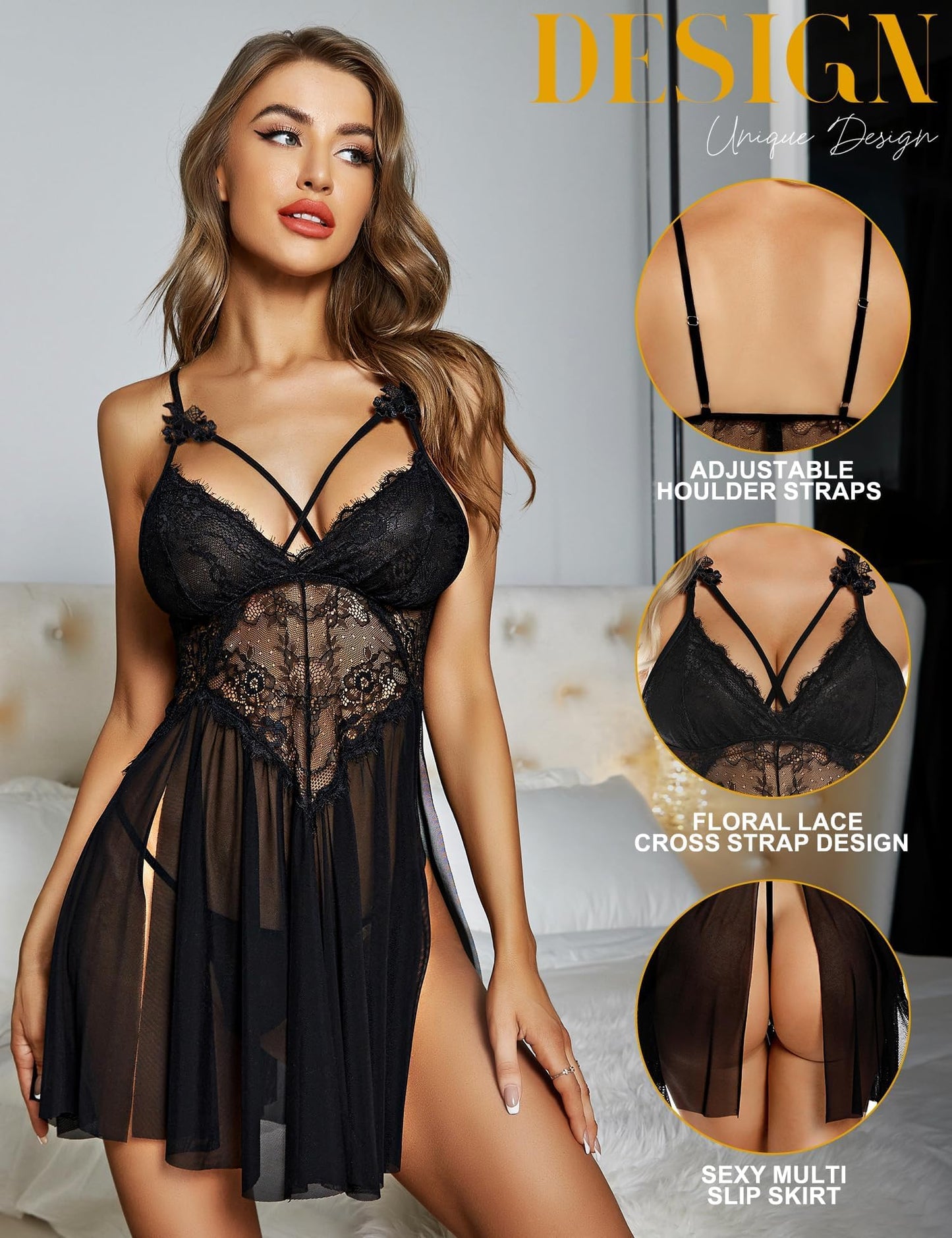 - RSLOVE Womens Sexy Babydoll Lace Nightgown Dress | Black -