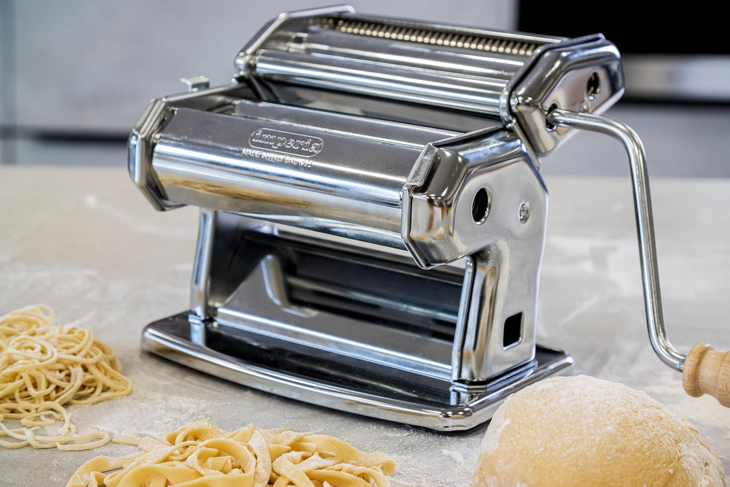 - Imperia Italian Double Cutter Pasta Machine | Homemade Pasta Maker with Detachable Wooden Handle | Adjustable Dial with Six Thickness Settings -