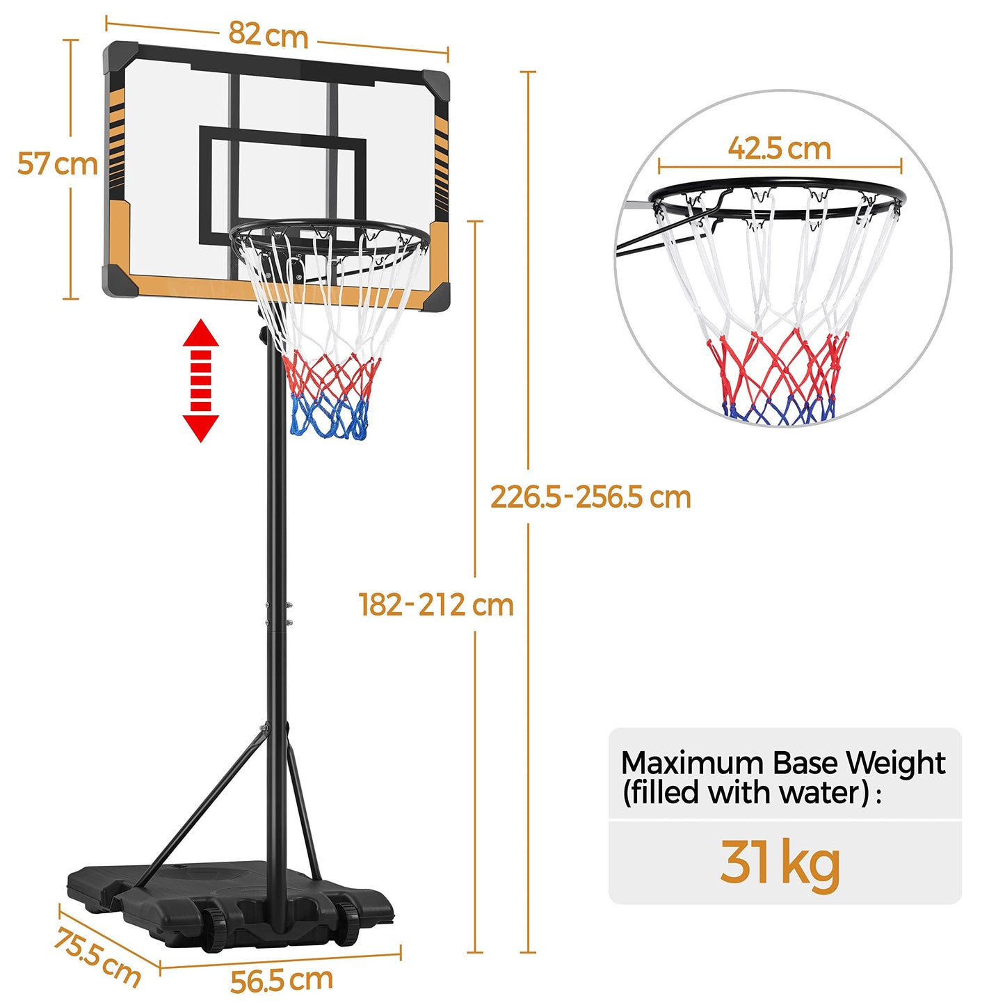 - Yaheetech Height Adjustable Basketball Hoop 7.4ft-8.4ft Portable Basketball Net & Stand.